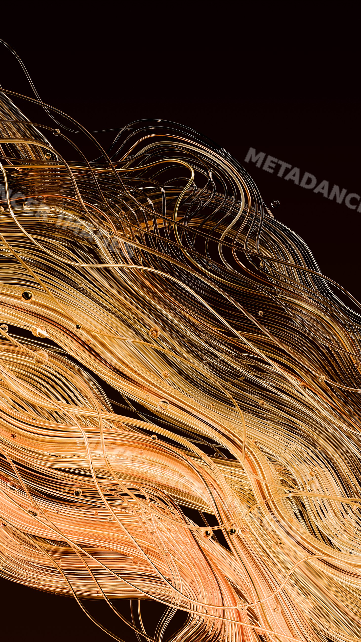 Flowing abstract golden and orange digital lines on black background