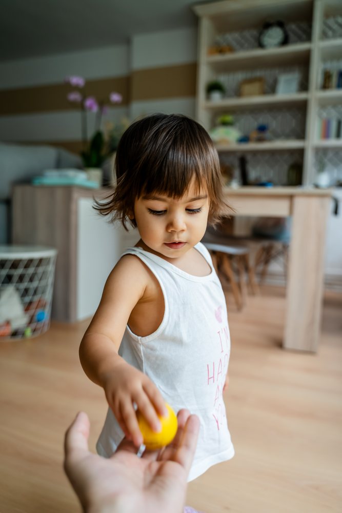 Toddler giving yellow toy ball to white adult hand indoors