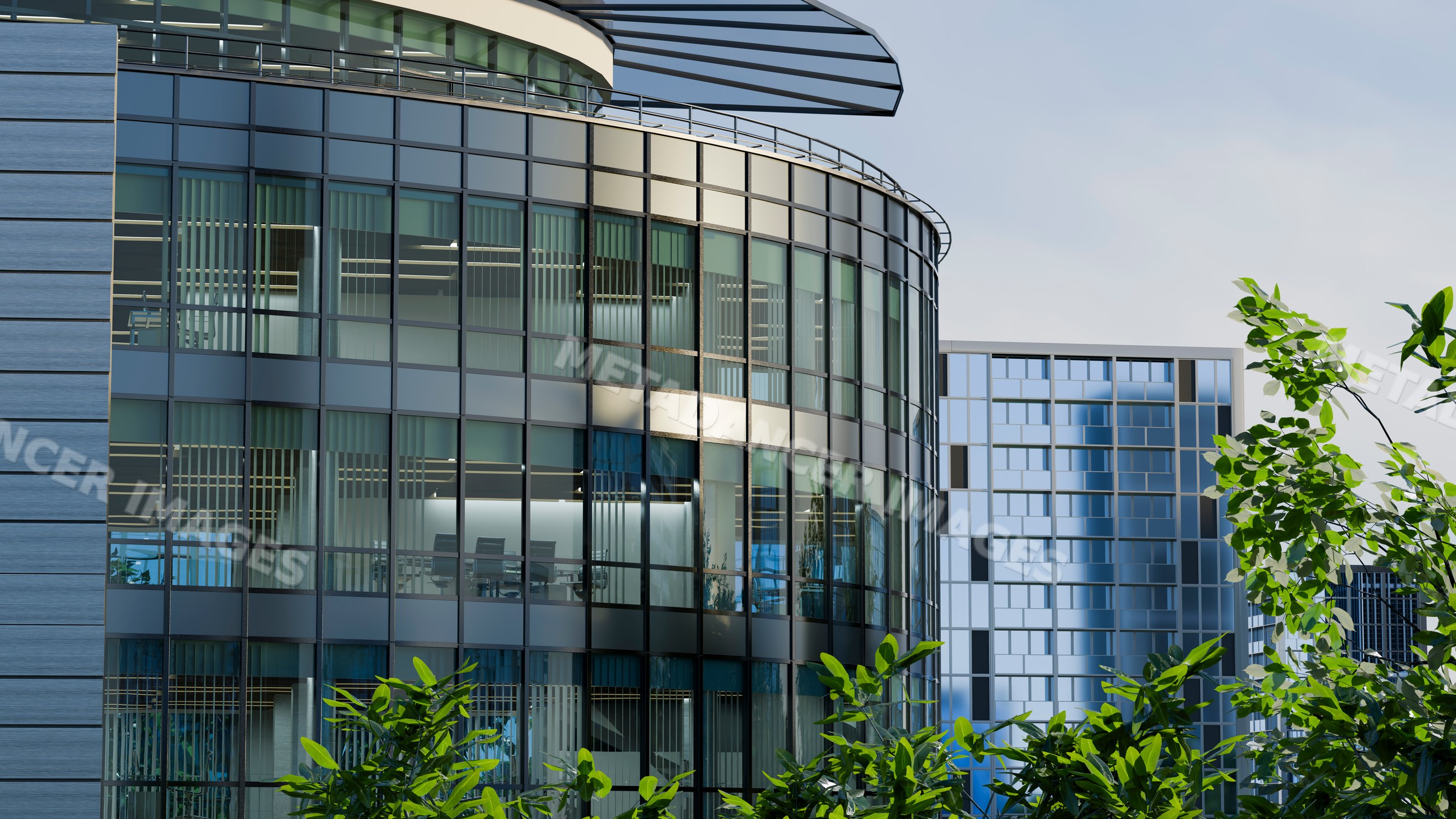 Modern office building with glass facade and conference room interior