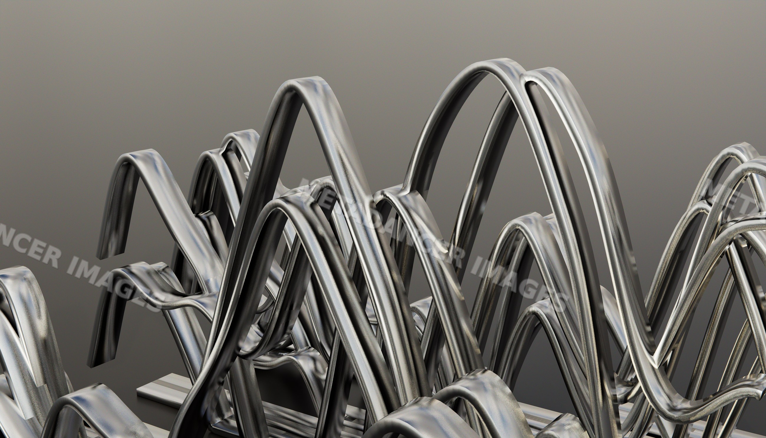 Close-up view of abstract curved metal sculpture with intertwined