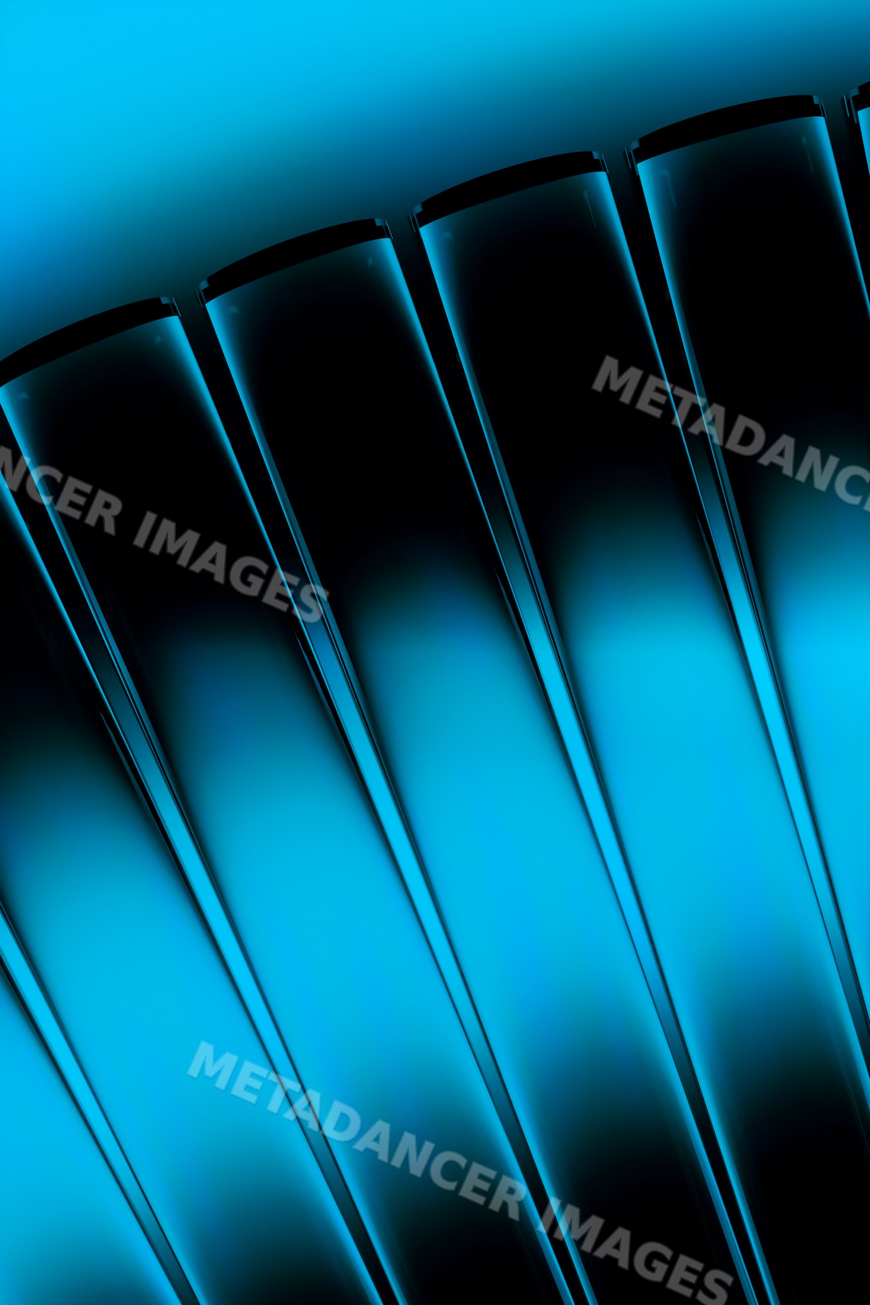 Abstract curved blue glass panels with reflective texture