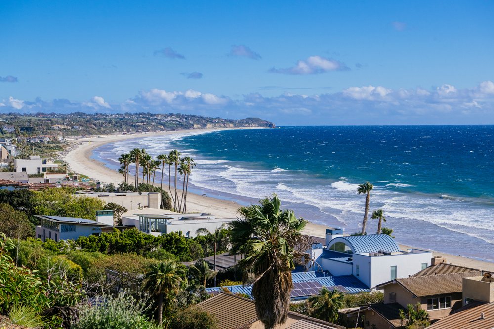 Coastline and residential houses with palm trees at Venice Beach
