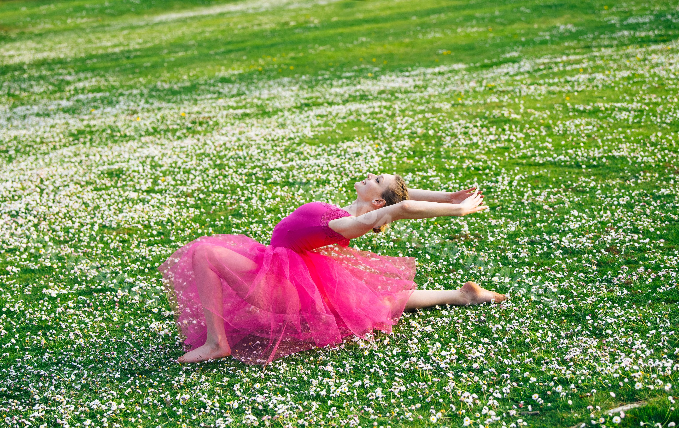 Ballet white dancer in pink tutu stretching in daisy field outdoors
