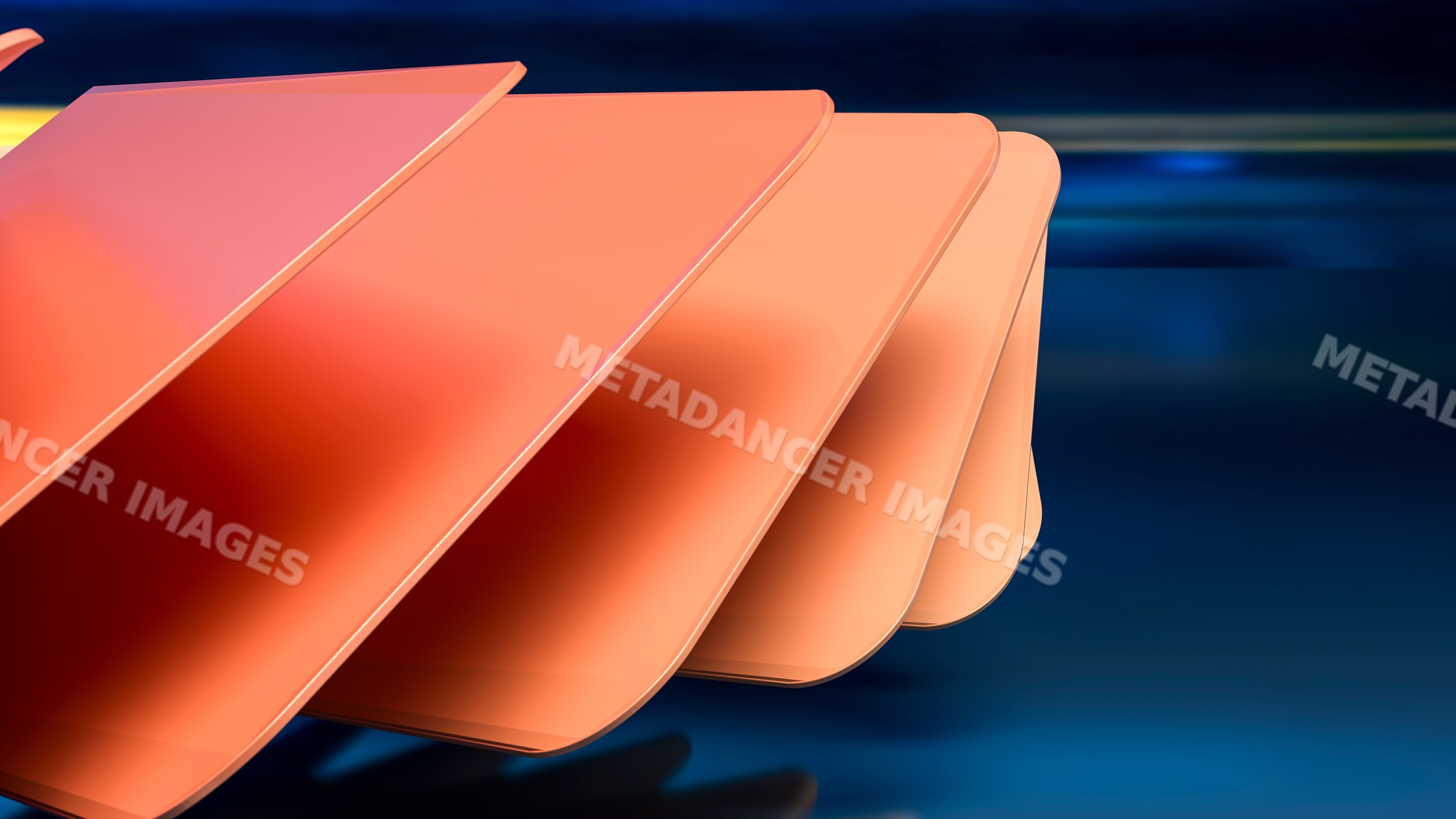 Abstract orange curved panels stacked with blue background