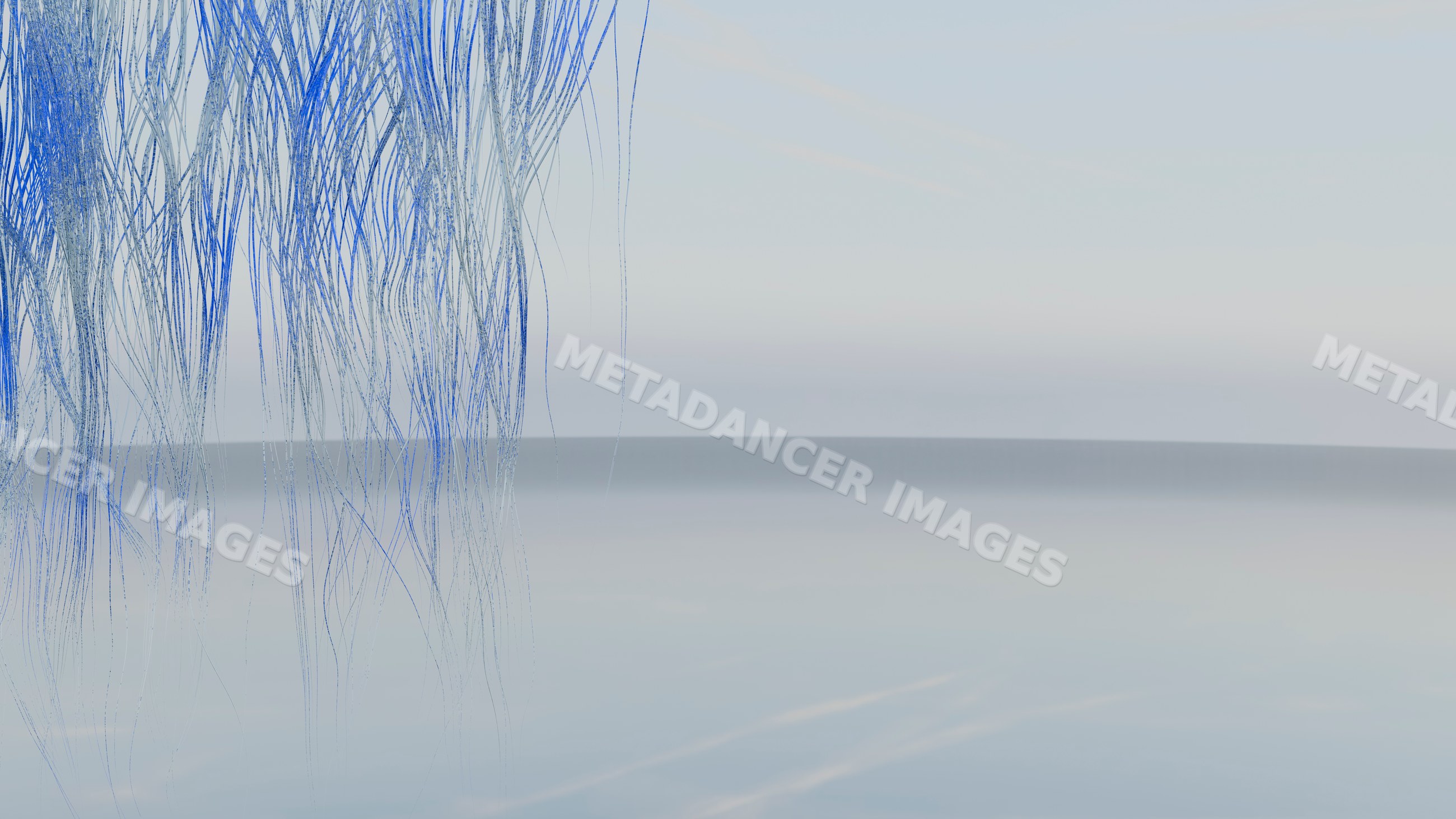 Blue strands hanging over calm reflective water