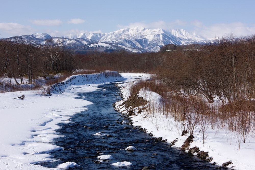 River flowing through snowy winter landscape hokkaido japan