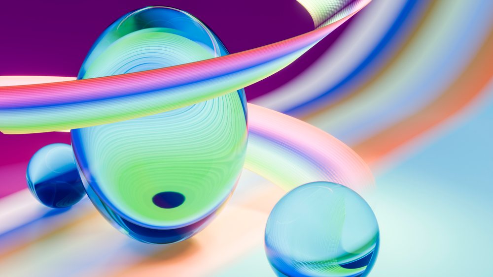 Abstract colorful spheres with flowing ribbons digital illustration