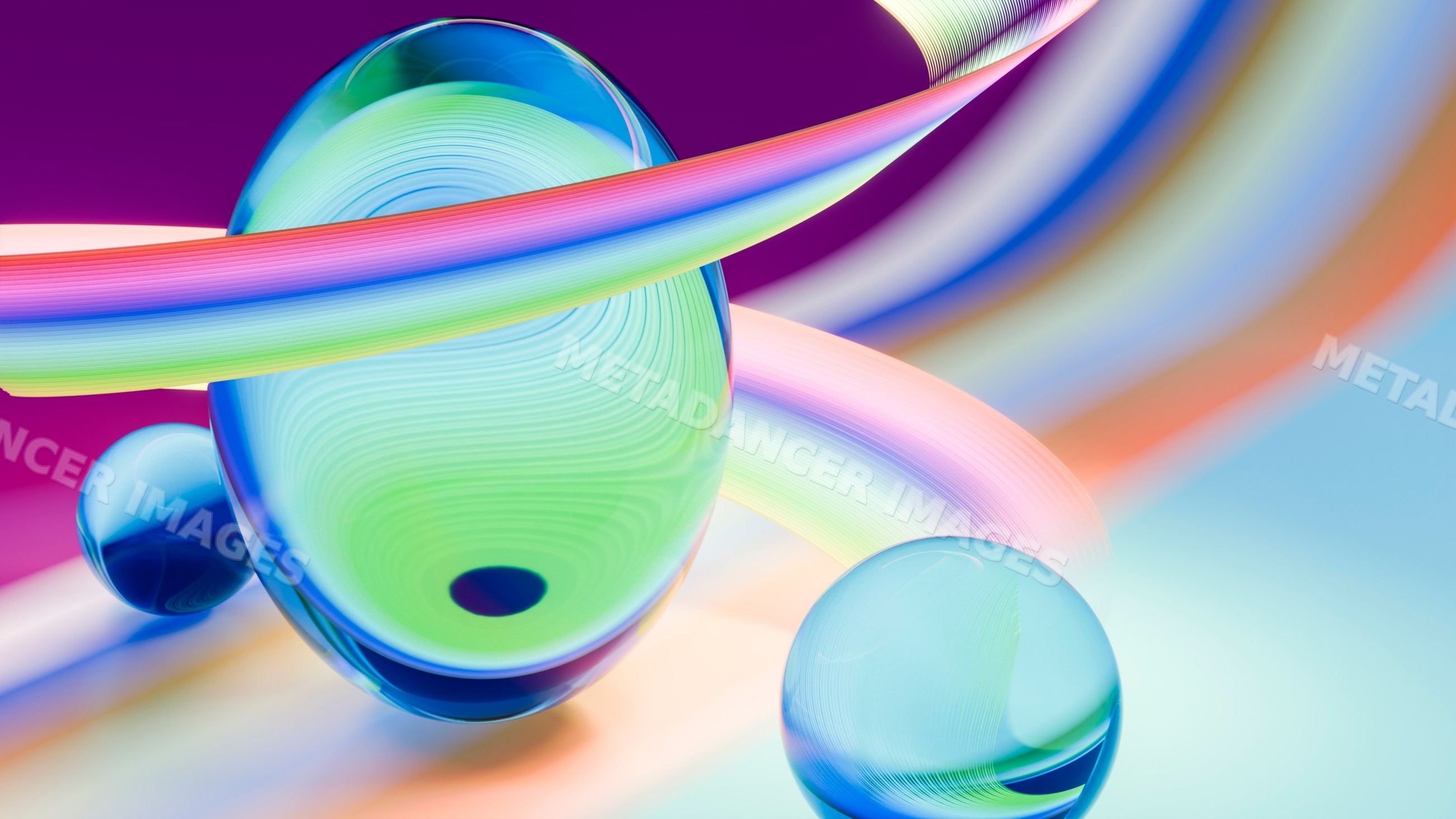 Abstract colorful spheres with flowing ribbons digital illustration