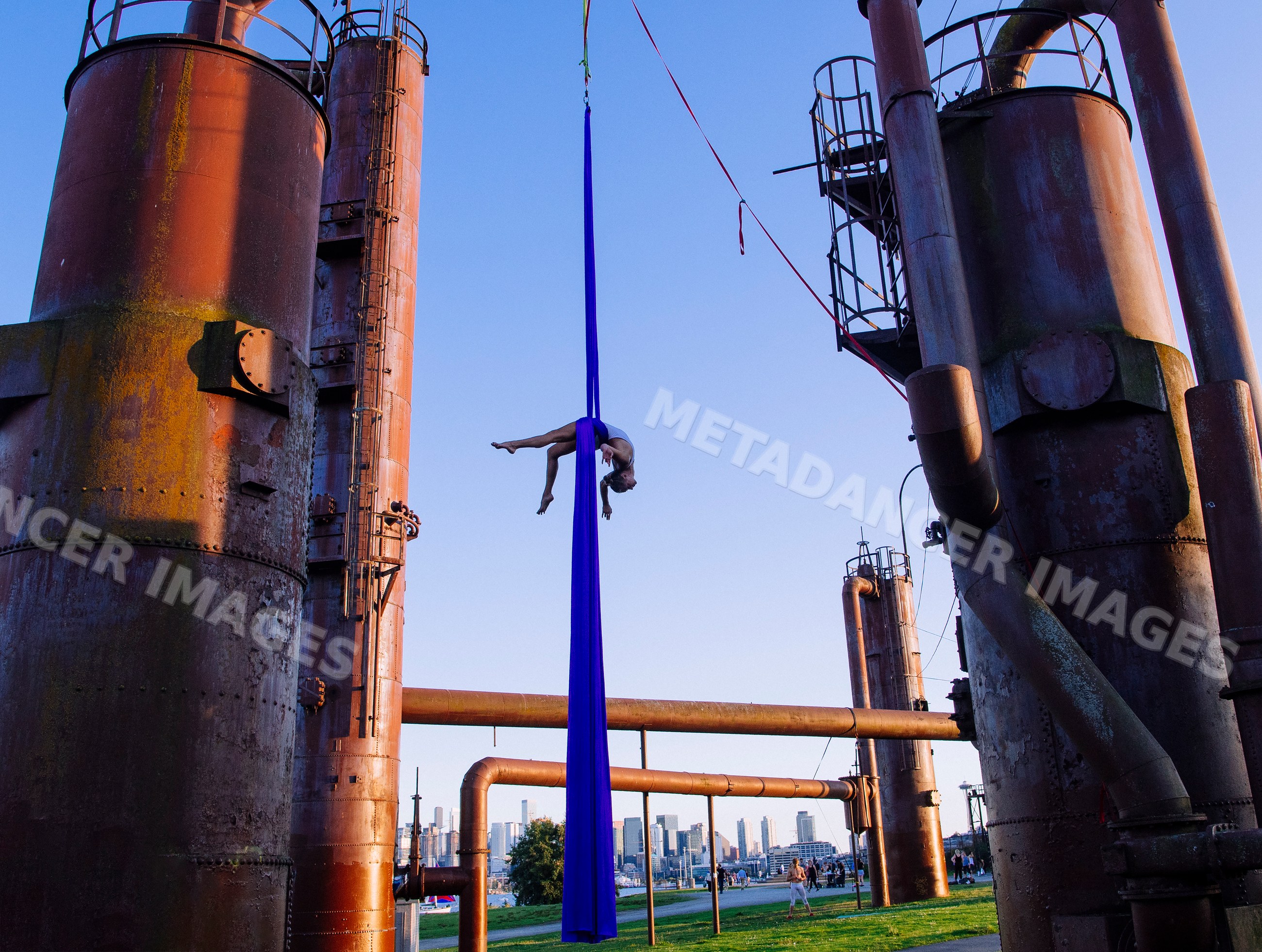 Aerial silk performance in Seattle with city skyline