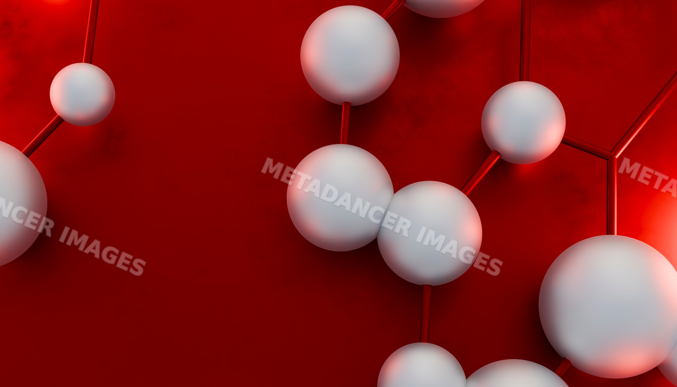 3d molecule model with white atoms connected by chemical bonds on red