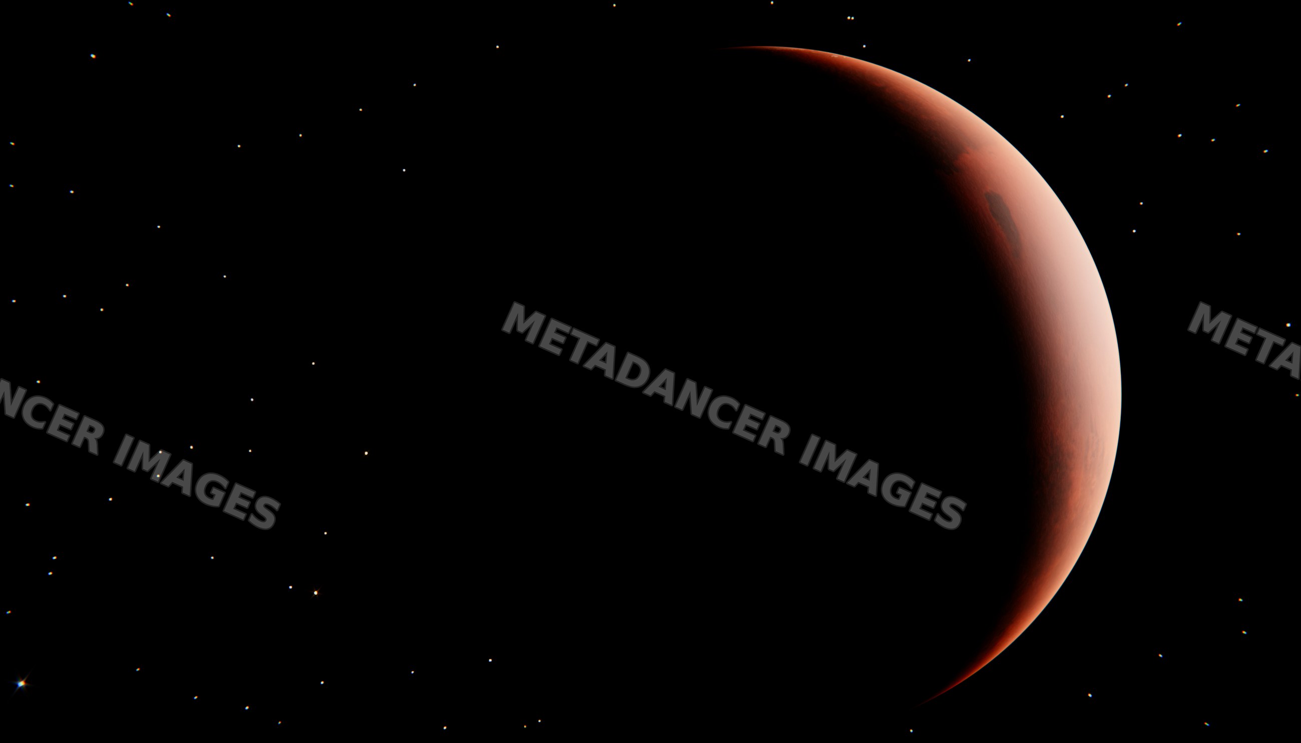 A crescent red planet with surface details seen