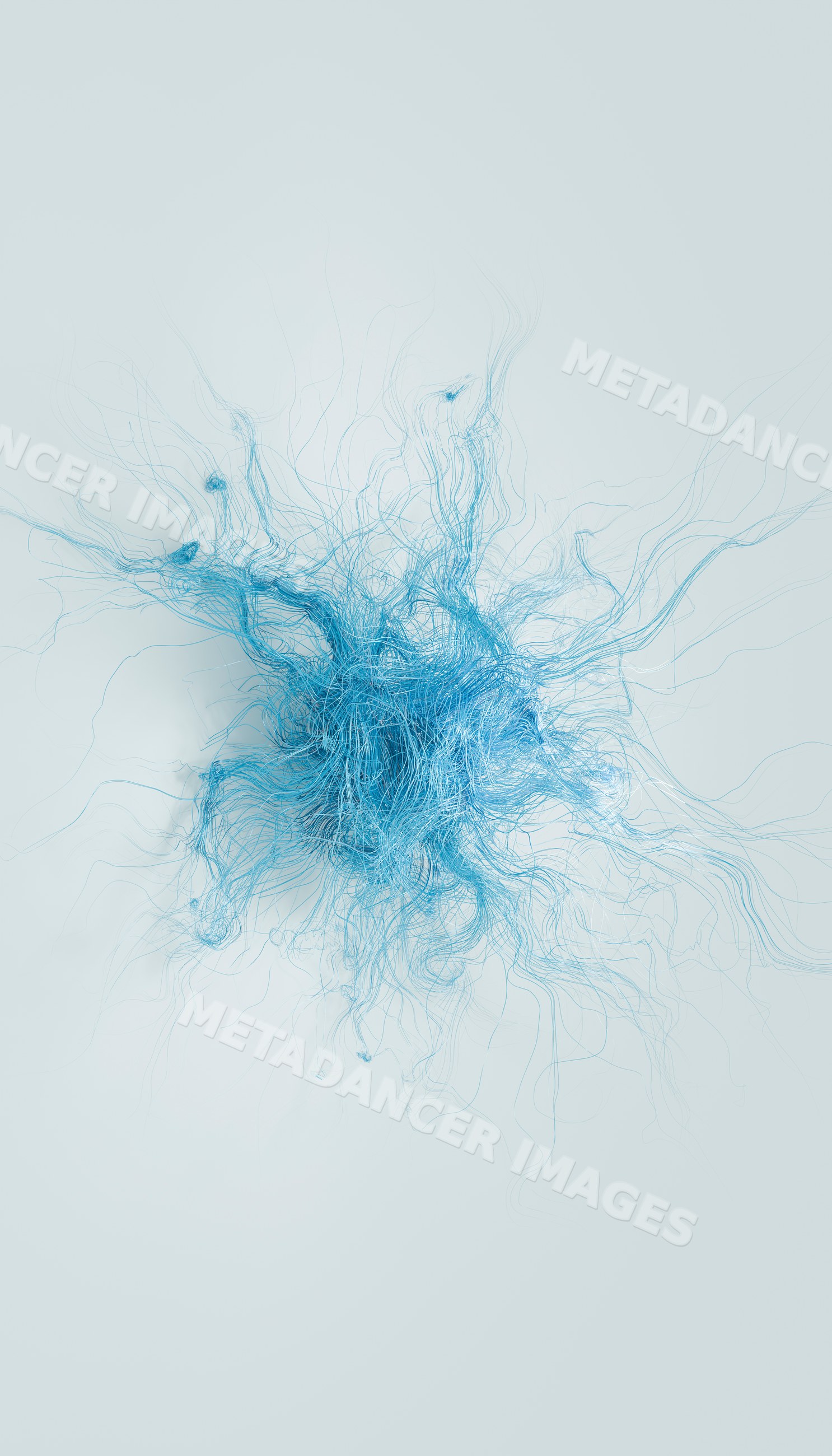 Blue tangled fibers forming an abstract dynamic cluster