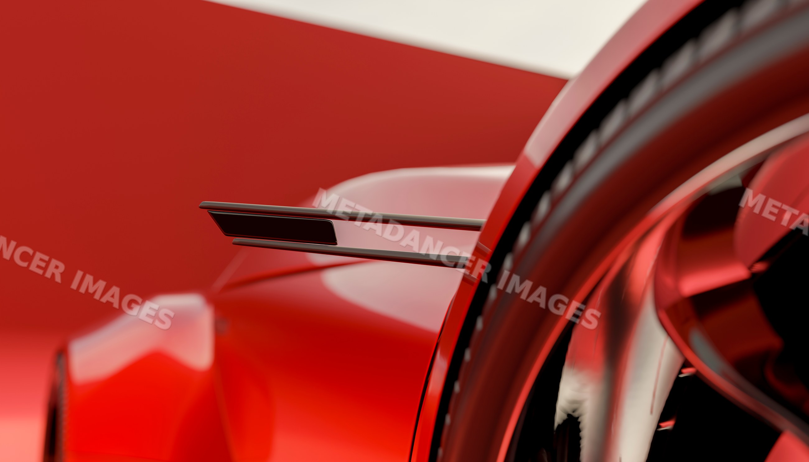 Close-up view of a red sports vehicle with rear wing and wheel detail