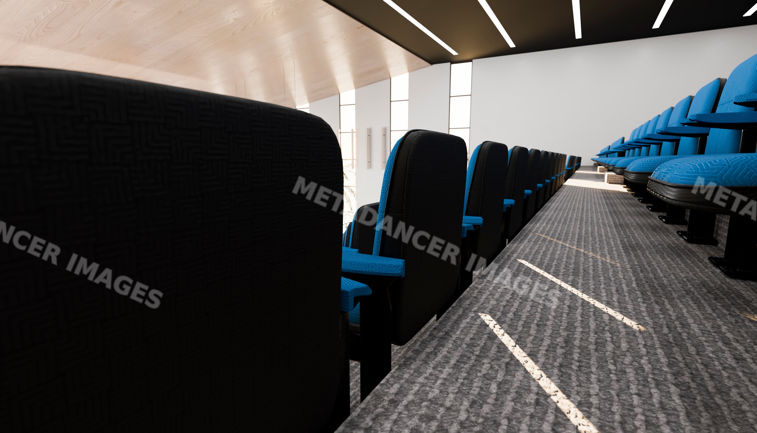 Modern lecture hall with blue cushioned seats and black backs