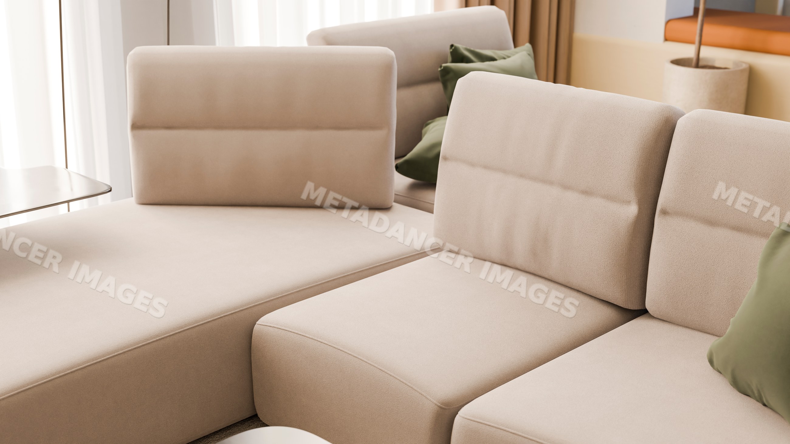 Beige sectional sofa with green pillows in modern living room