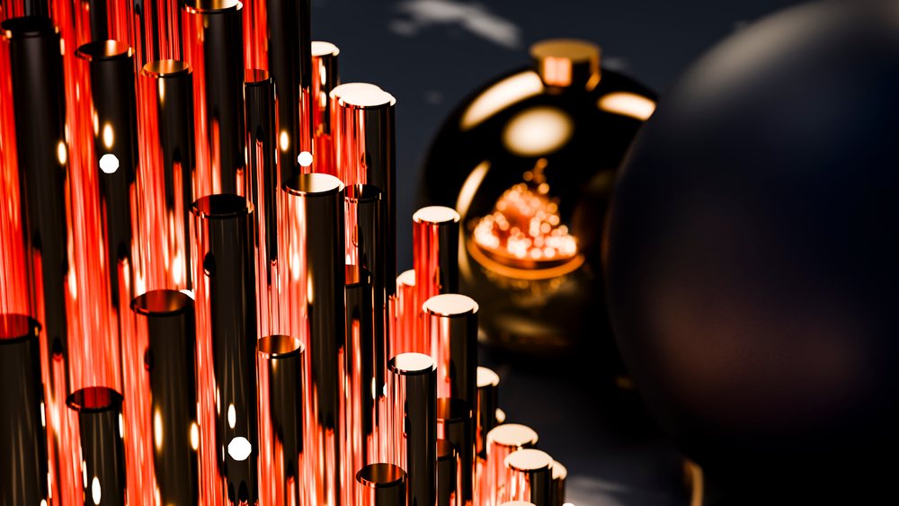 Glowing reflective metal tubes with christmas ornaments