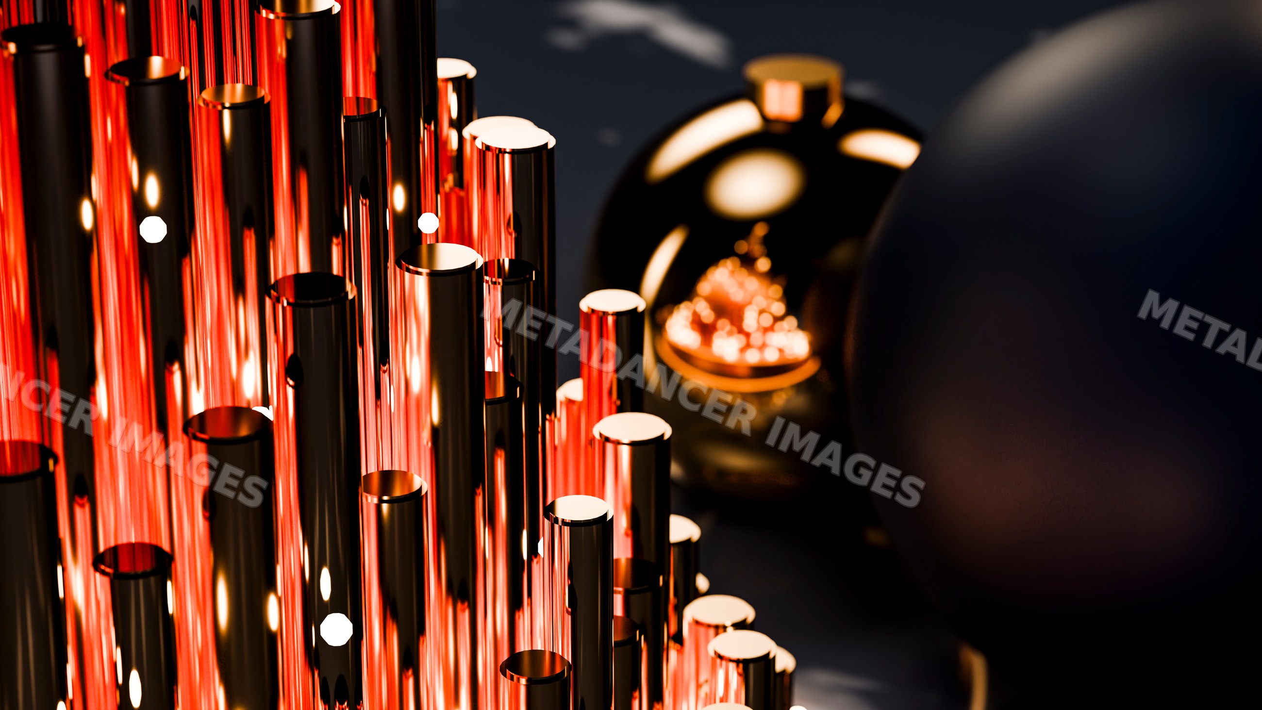 Glowing reflective metal tubes with christmas ornaments