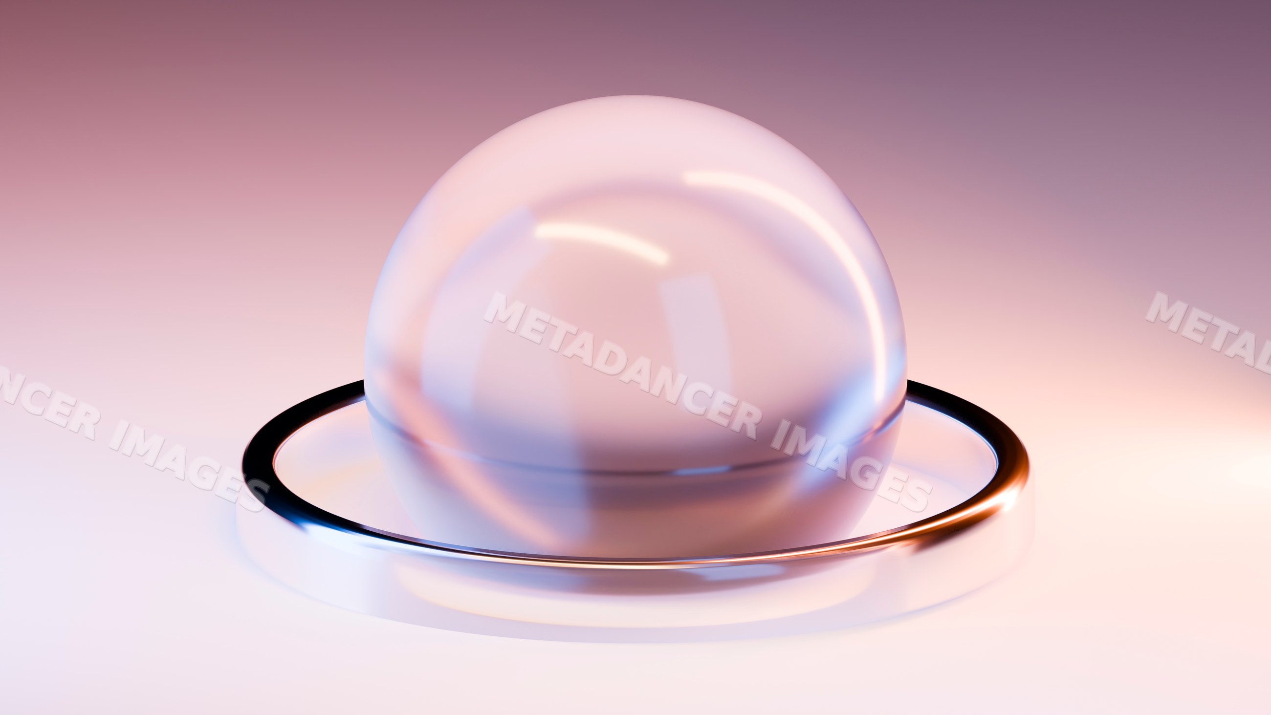 Glass sphere inside reflective metal ring on gradient background