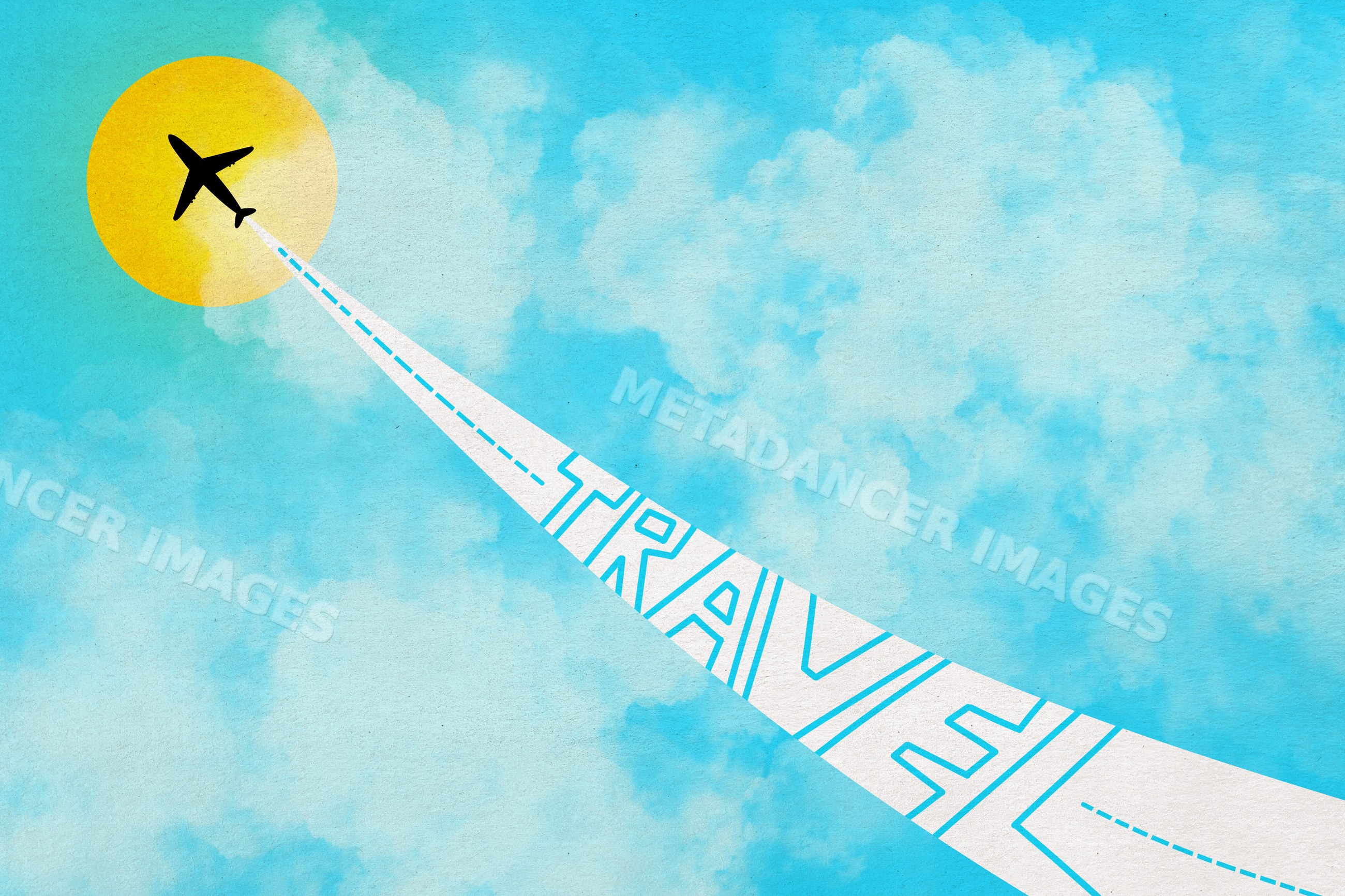 Airplane flying with a travel-themed contrail in the sky illustration