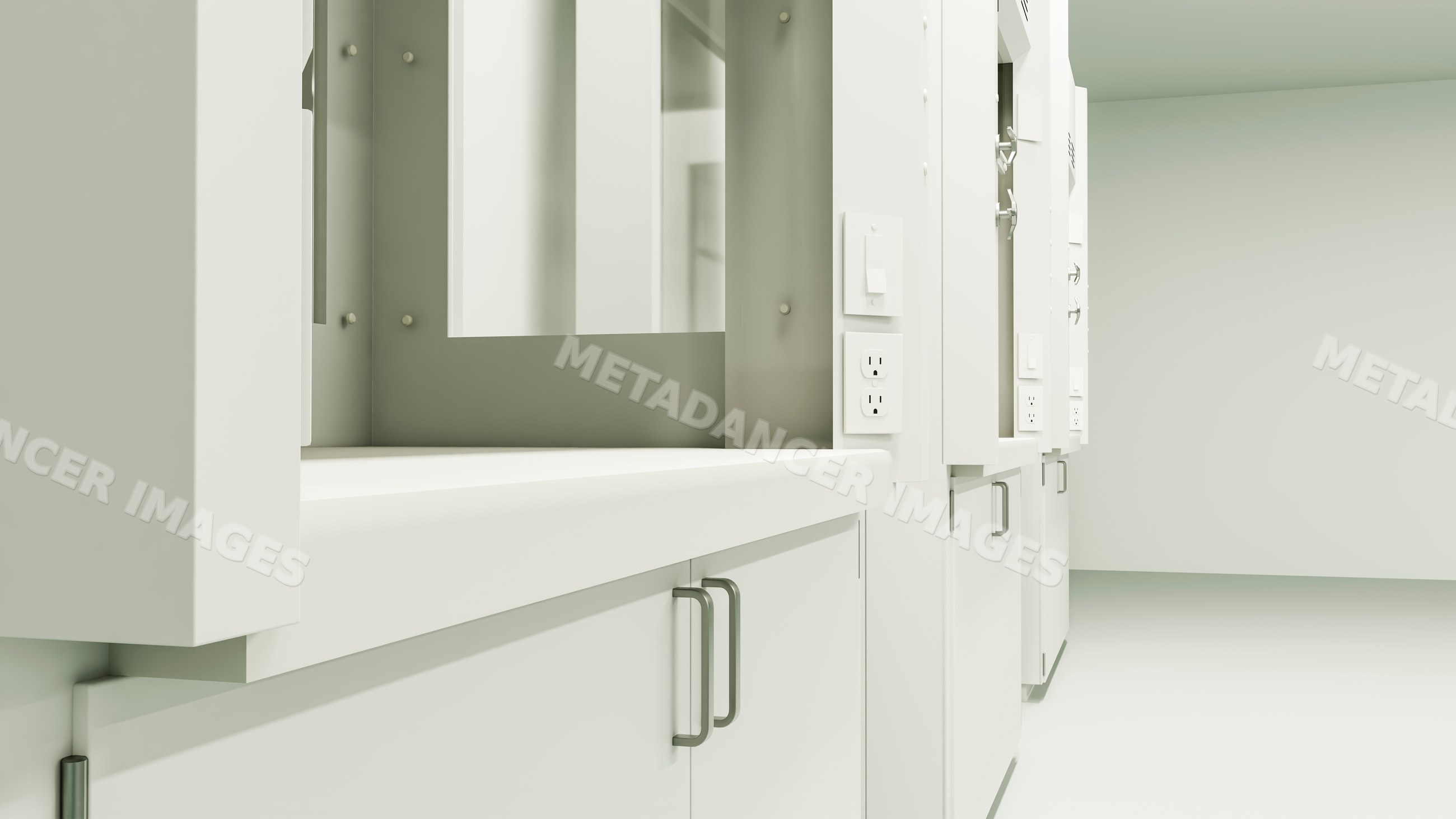 Empty white locker room hallway with mirrors and cabinets