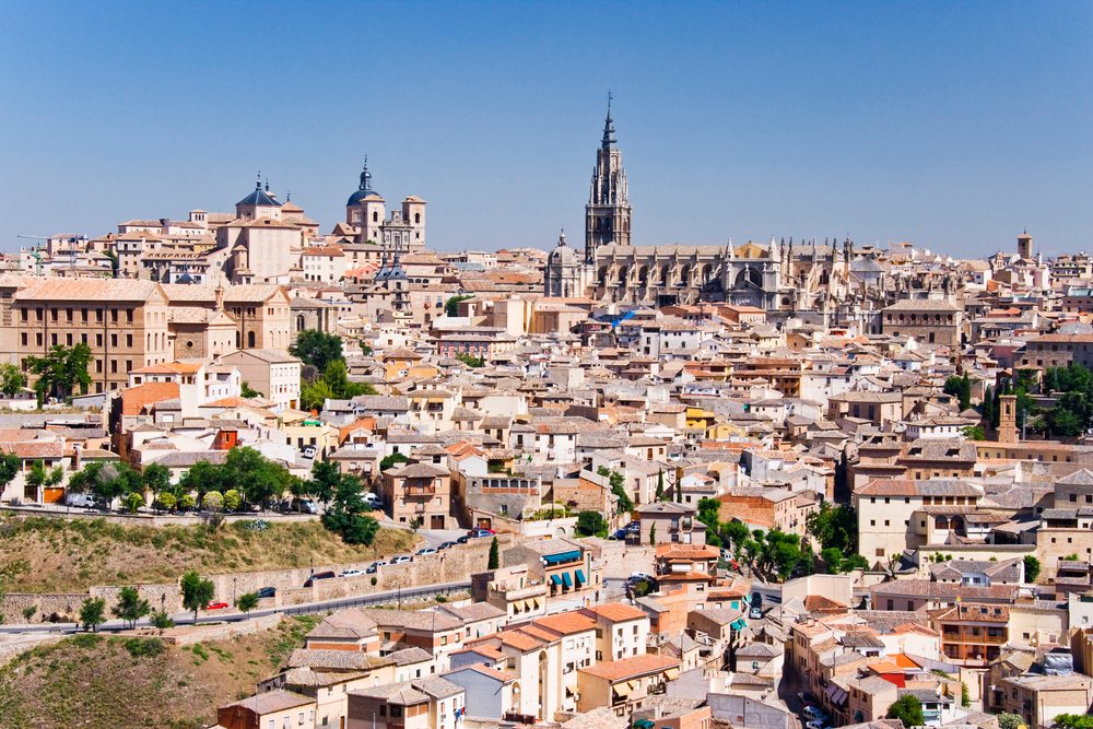 Toledo city skyline with historic cathedral spires in Spain
