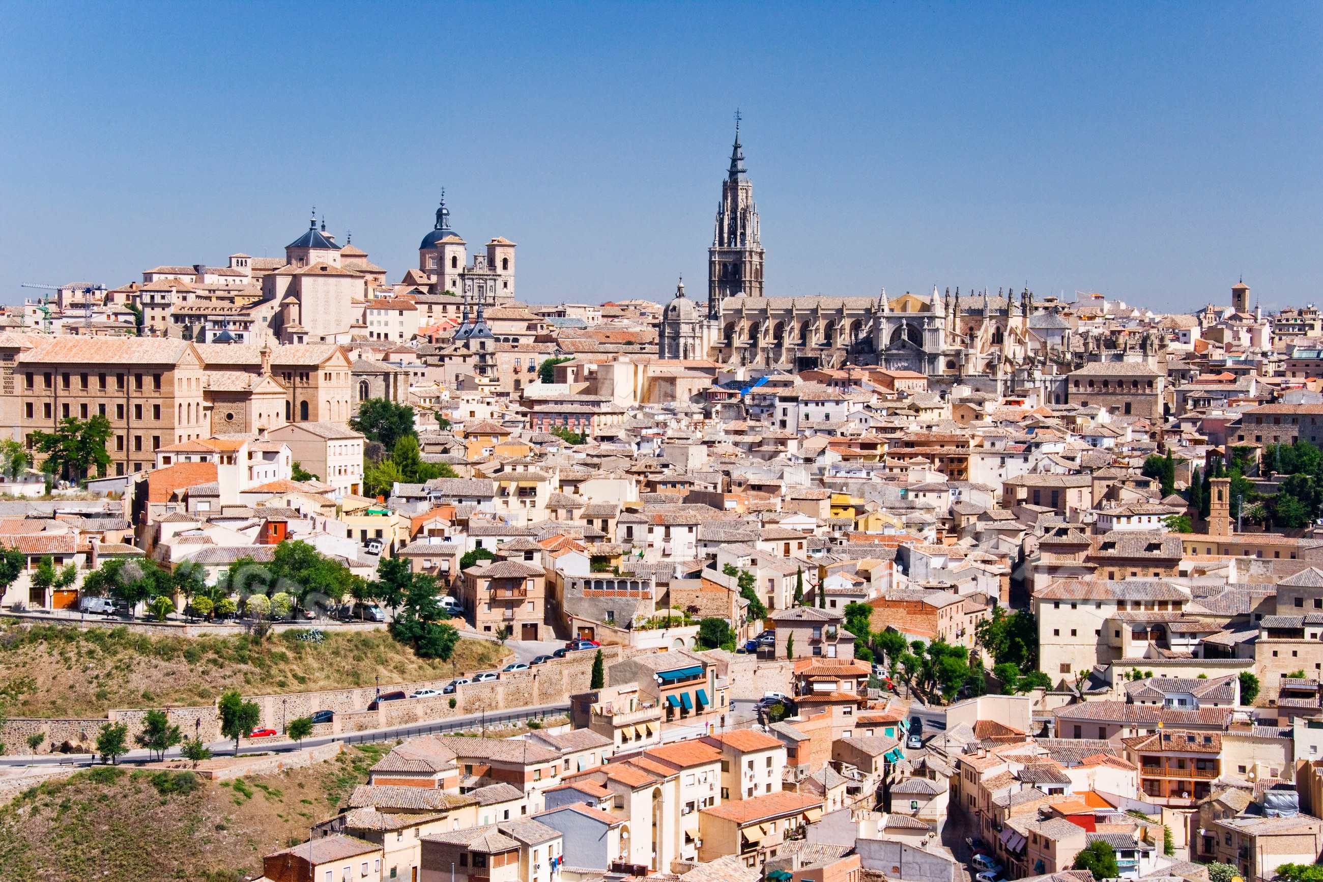 Toledo city skyline with historic cathedral spires in Spain