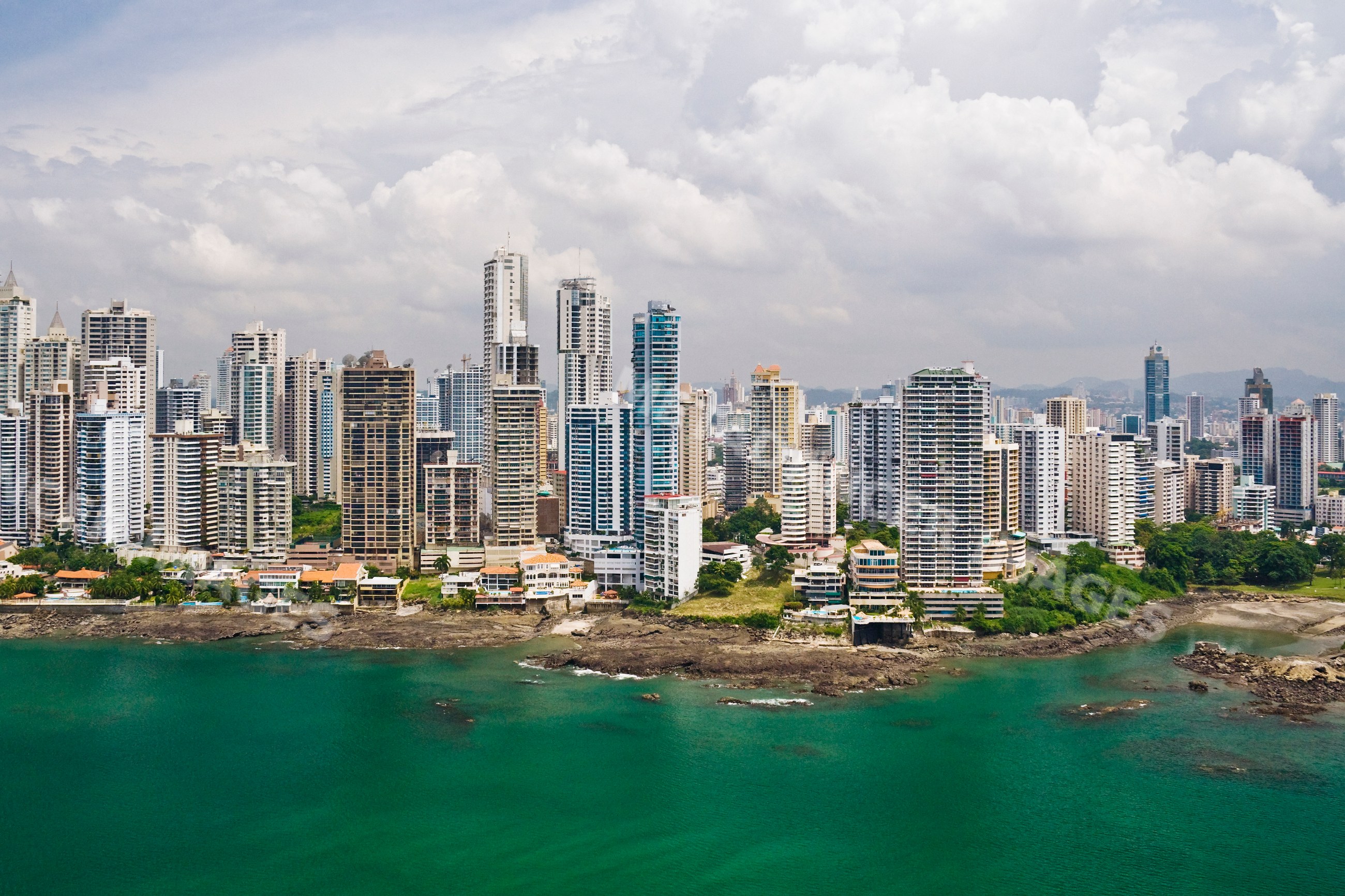 Panama city skyline with bay and high-rise buildings