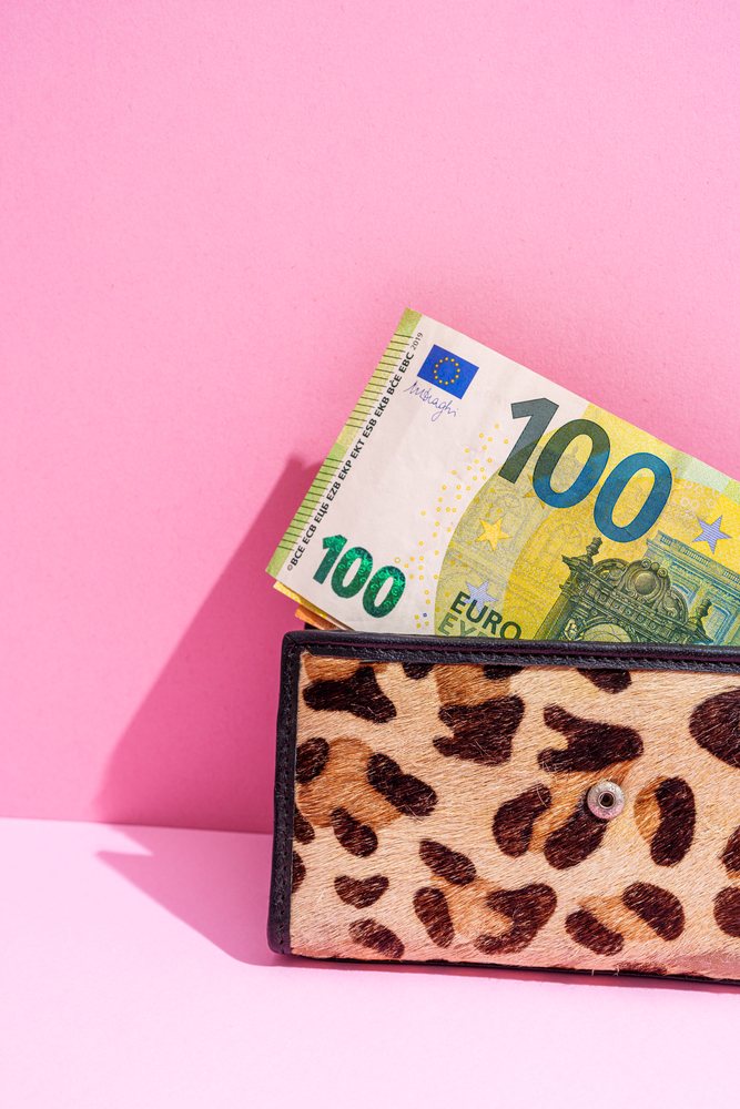 Leopard print wallet with 100 euro banknotes on pink studio background