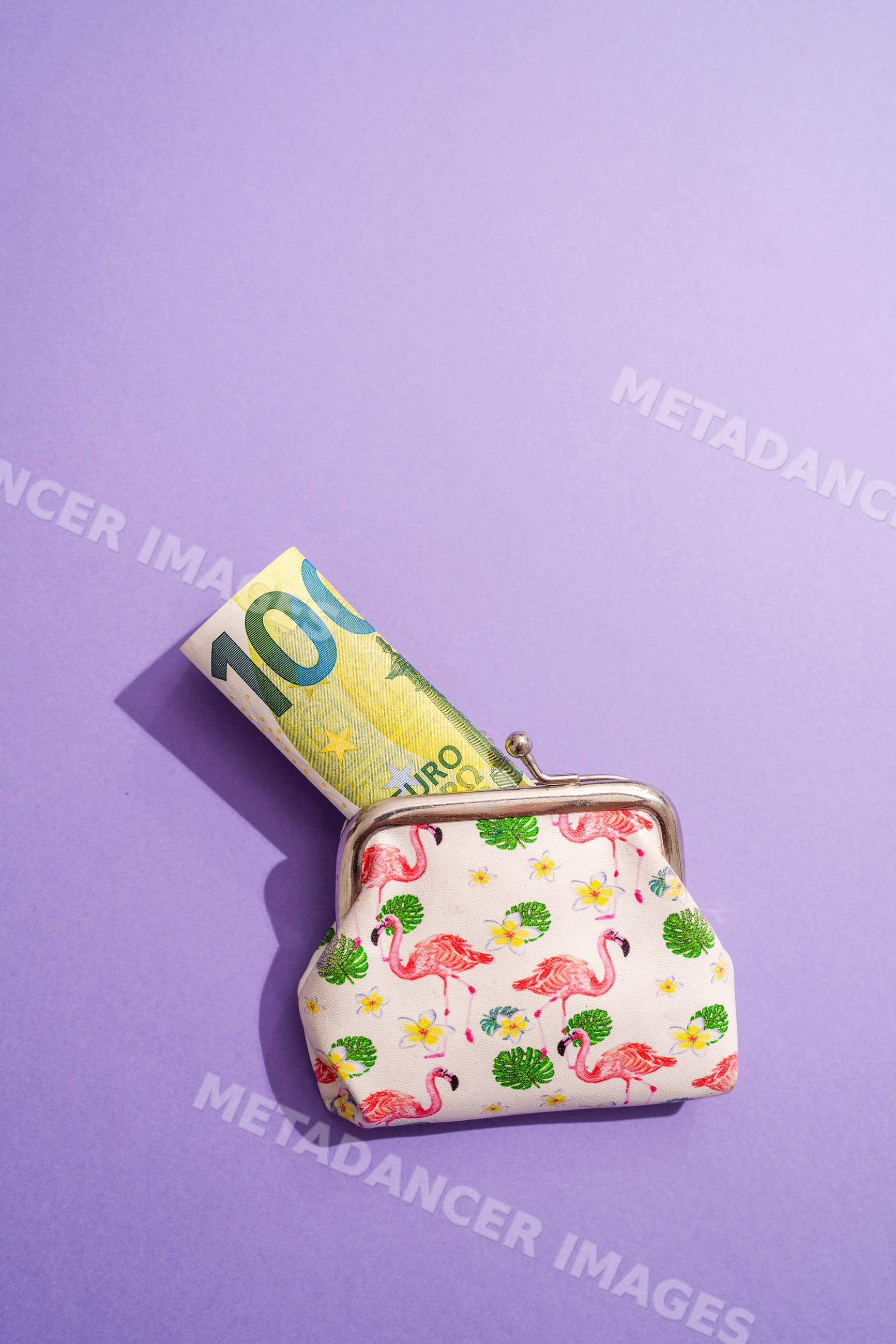 Purse holding 100 euro bill on purple studio background