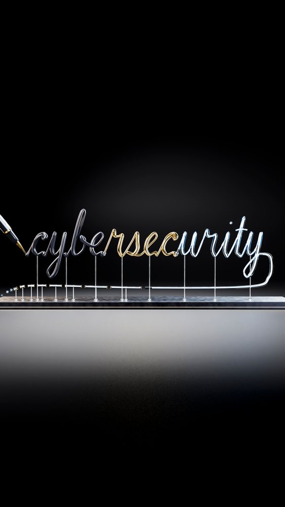 Wire sculpture spelling cybersecurity with fountain pen