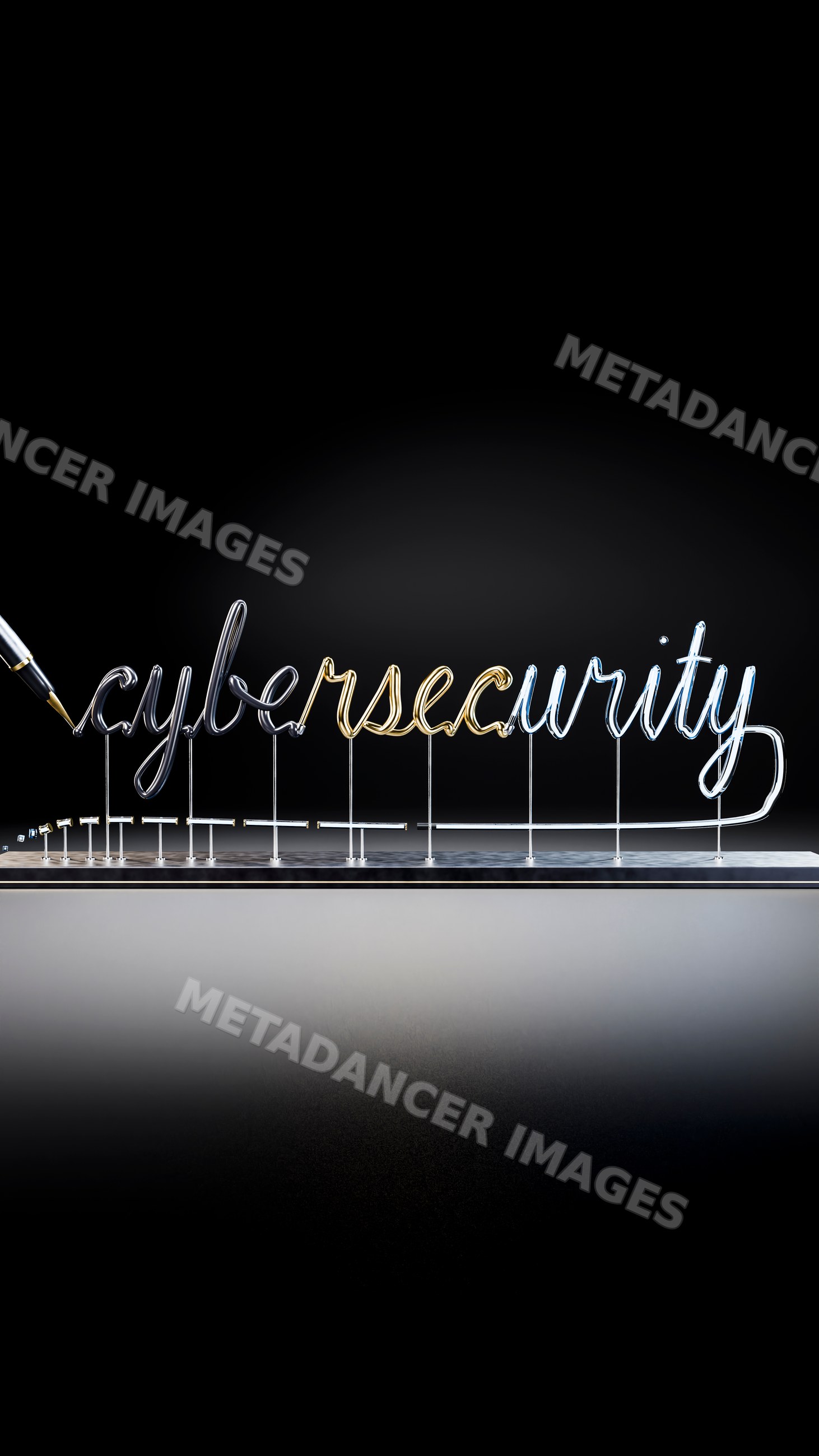 Wire sculpture spelling cybersecurity with fountain pen