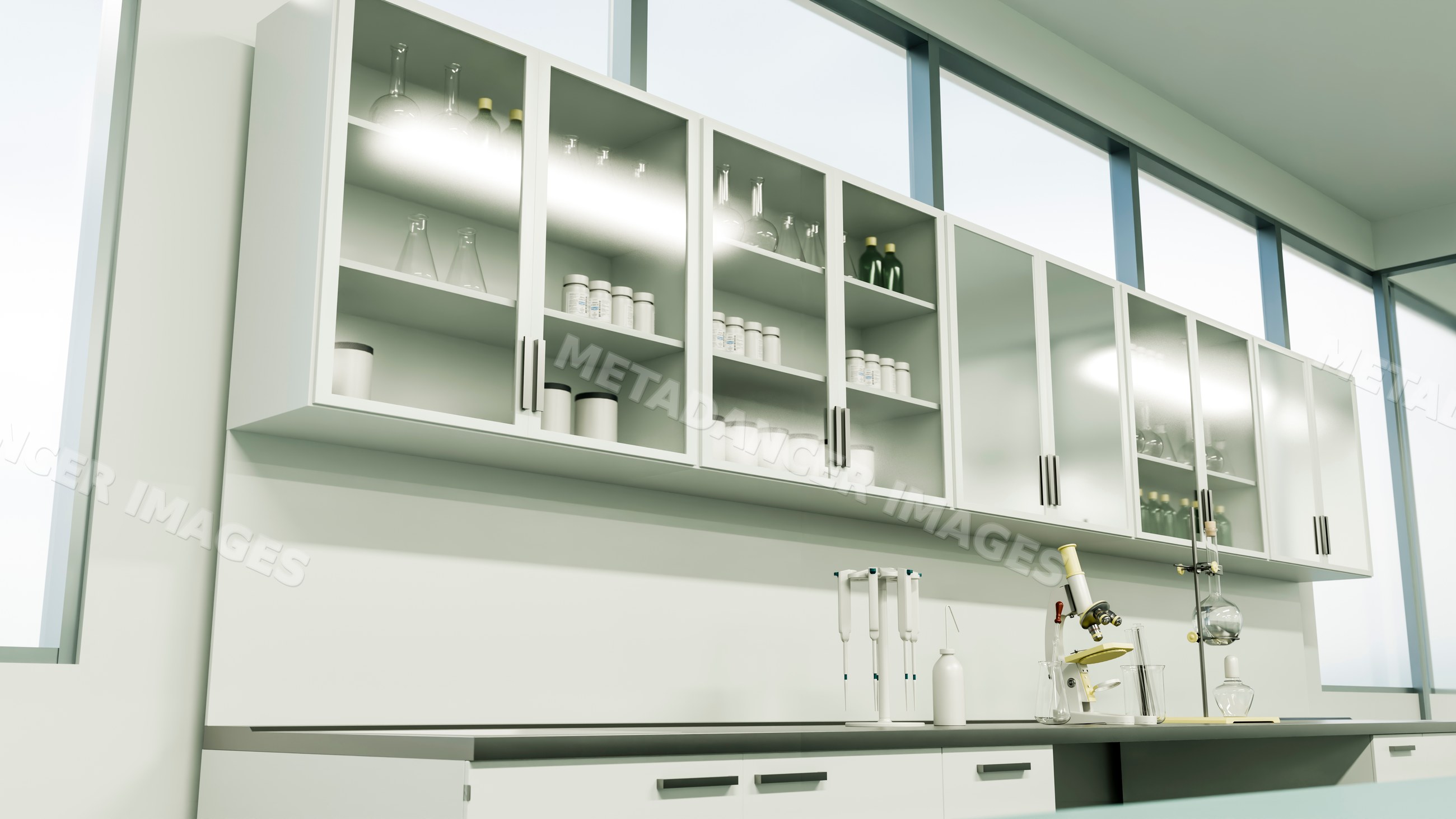 Laboratory workspace with microscope and scientific equipment