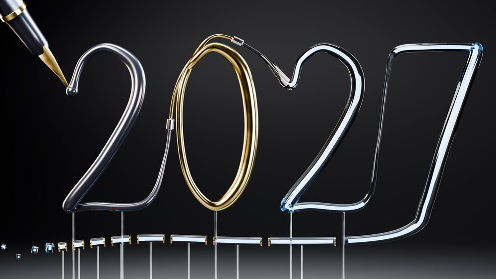 Glass sculptures forming the year 2027 with metallic tubes