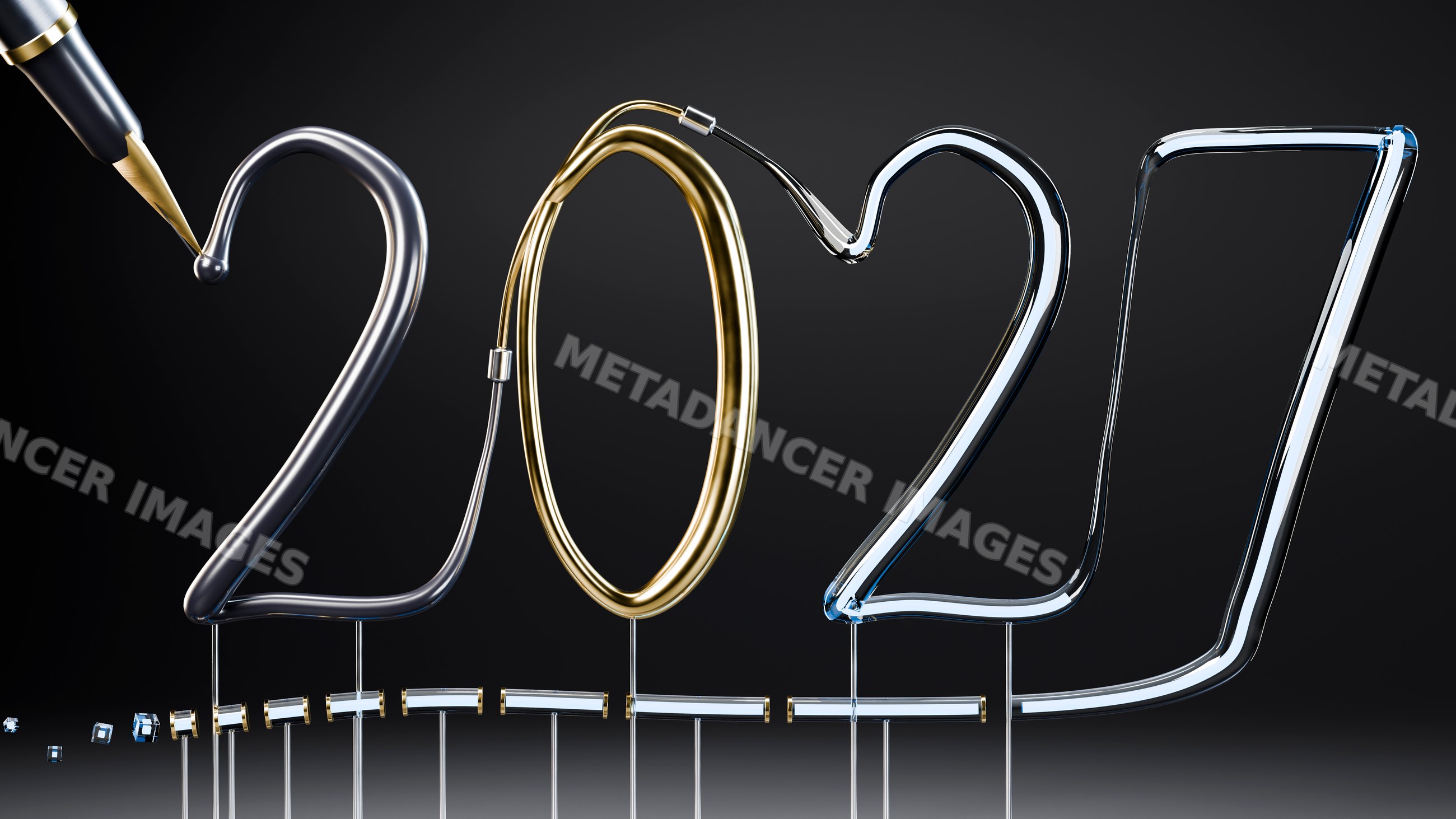 Glass sculptures forming the year 2027 with metallic tubes
