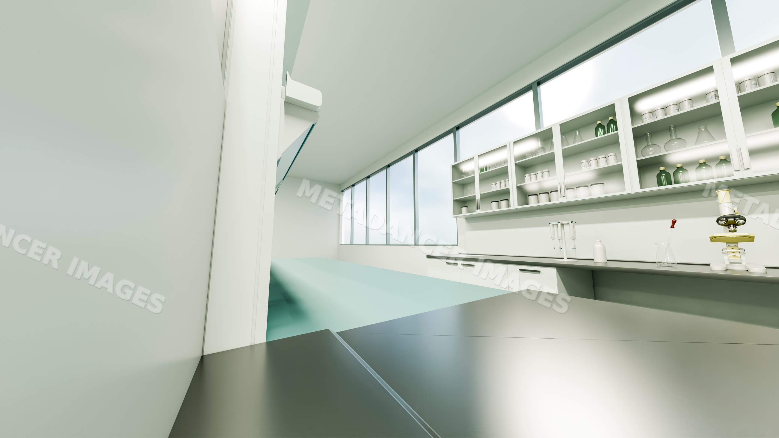 Modern laboratory interior with microscope and glassware on clean
