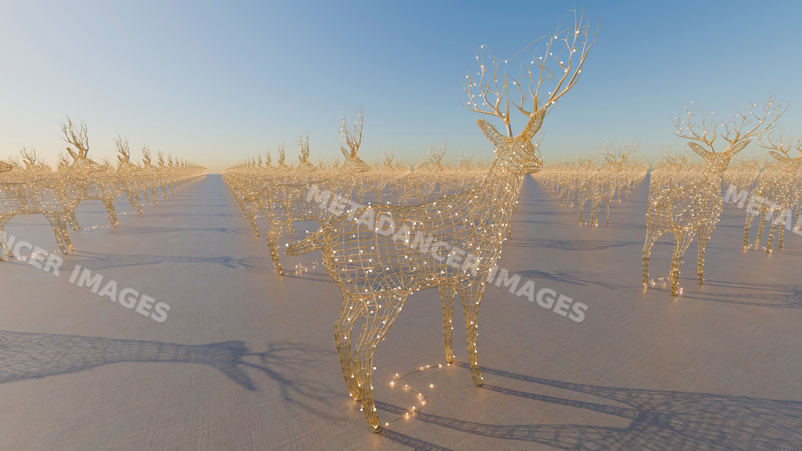 Wireframe deer sculptures with glowing lights