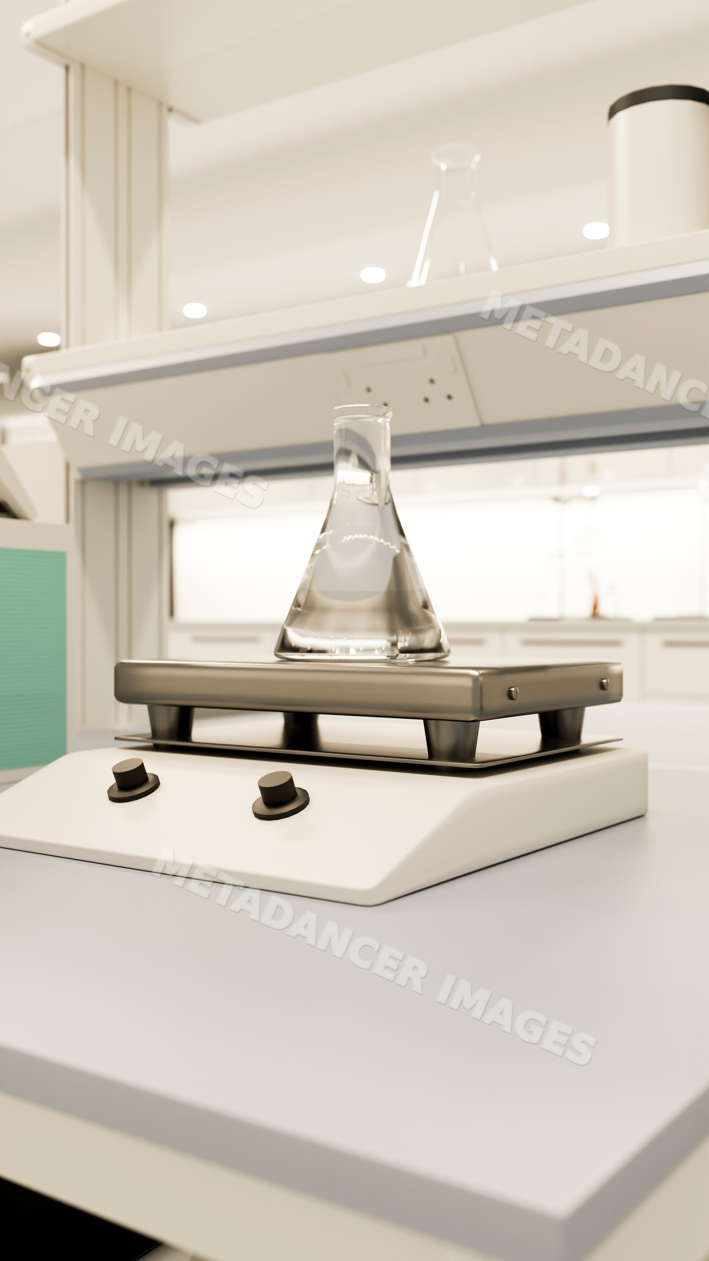 Laboratory hot plate with erlenmeyer flask filled with clear liquid