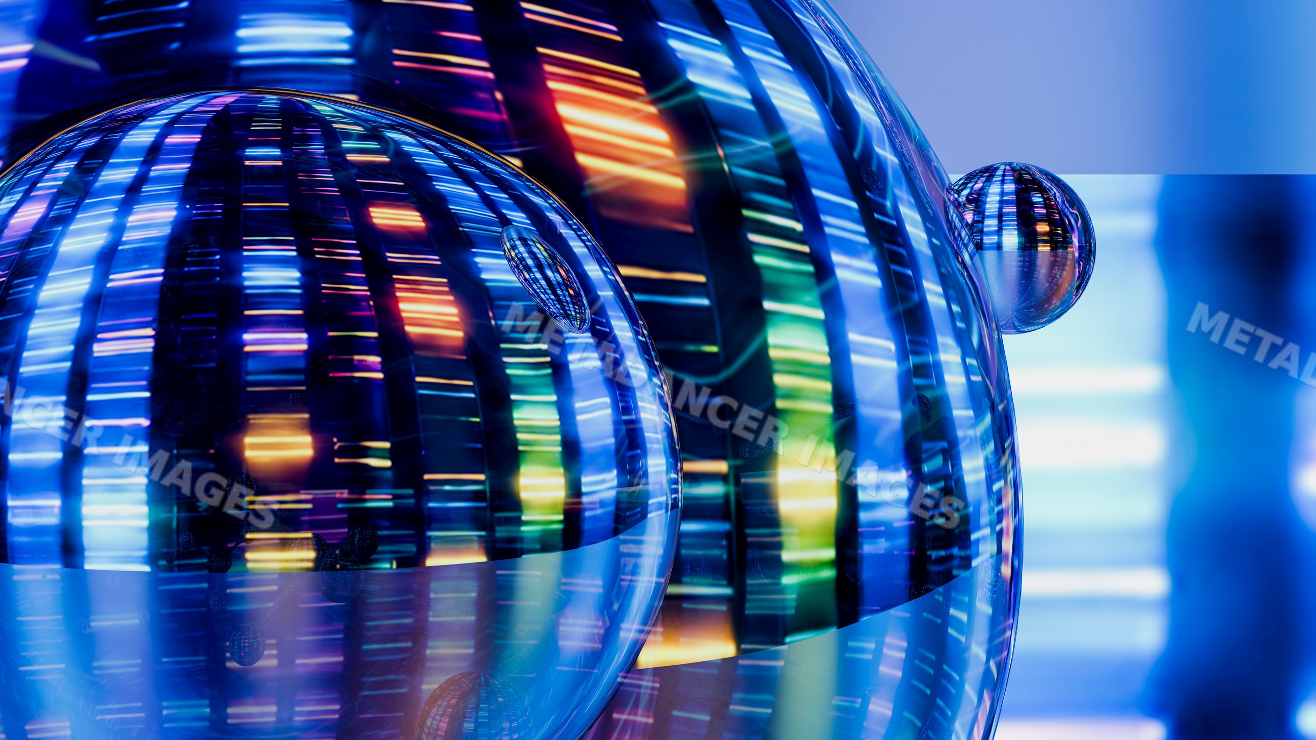 Glass spheres with colorful light reflections and abstract patterns