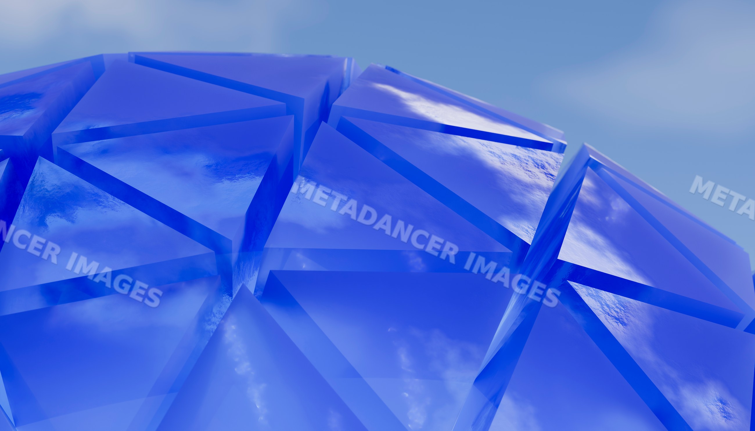 Blue transparent glass triangular geometric pattern with sky