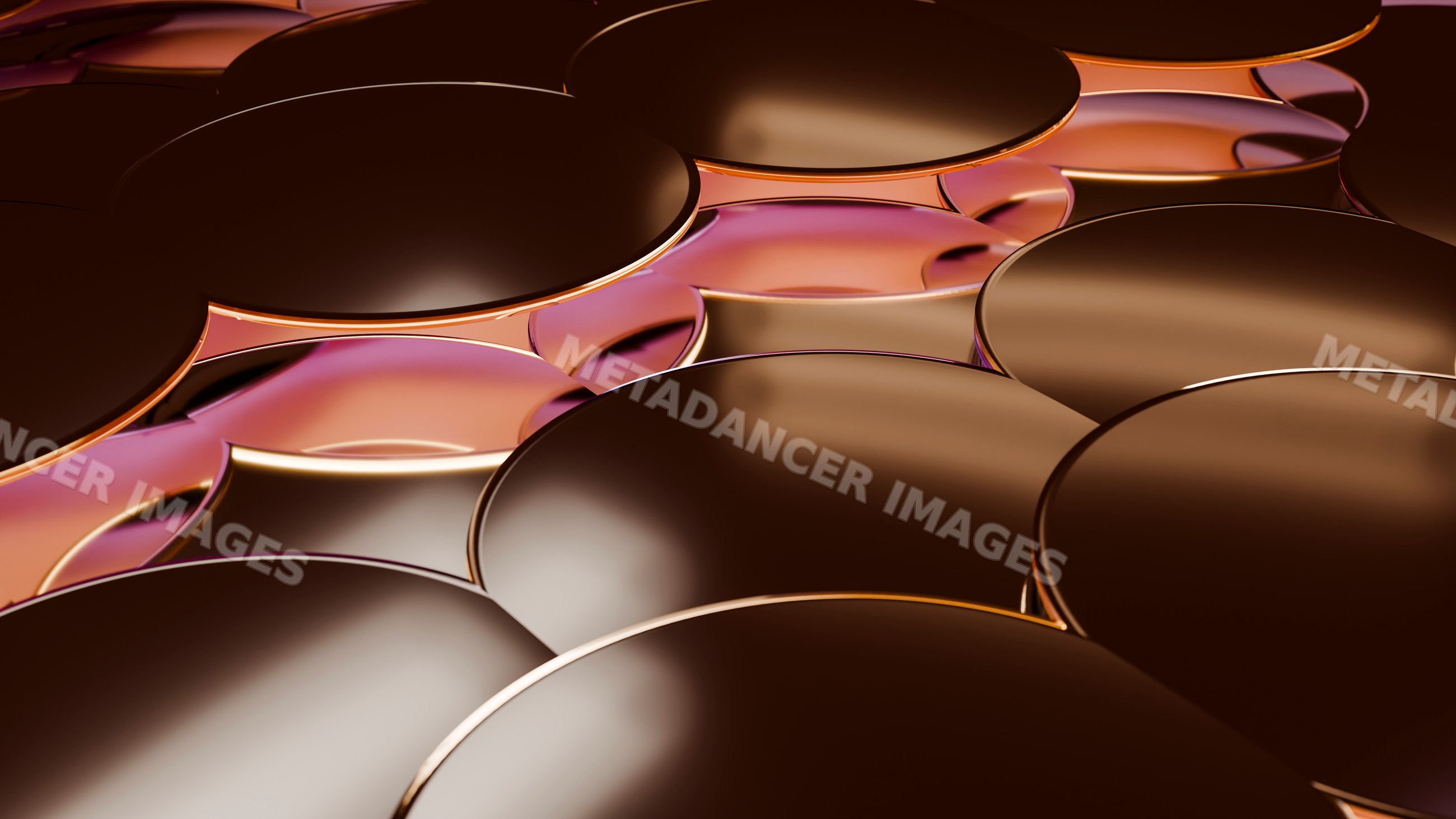 Stacked shiny round metallic disks with reflective surfaces