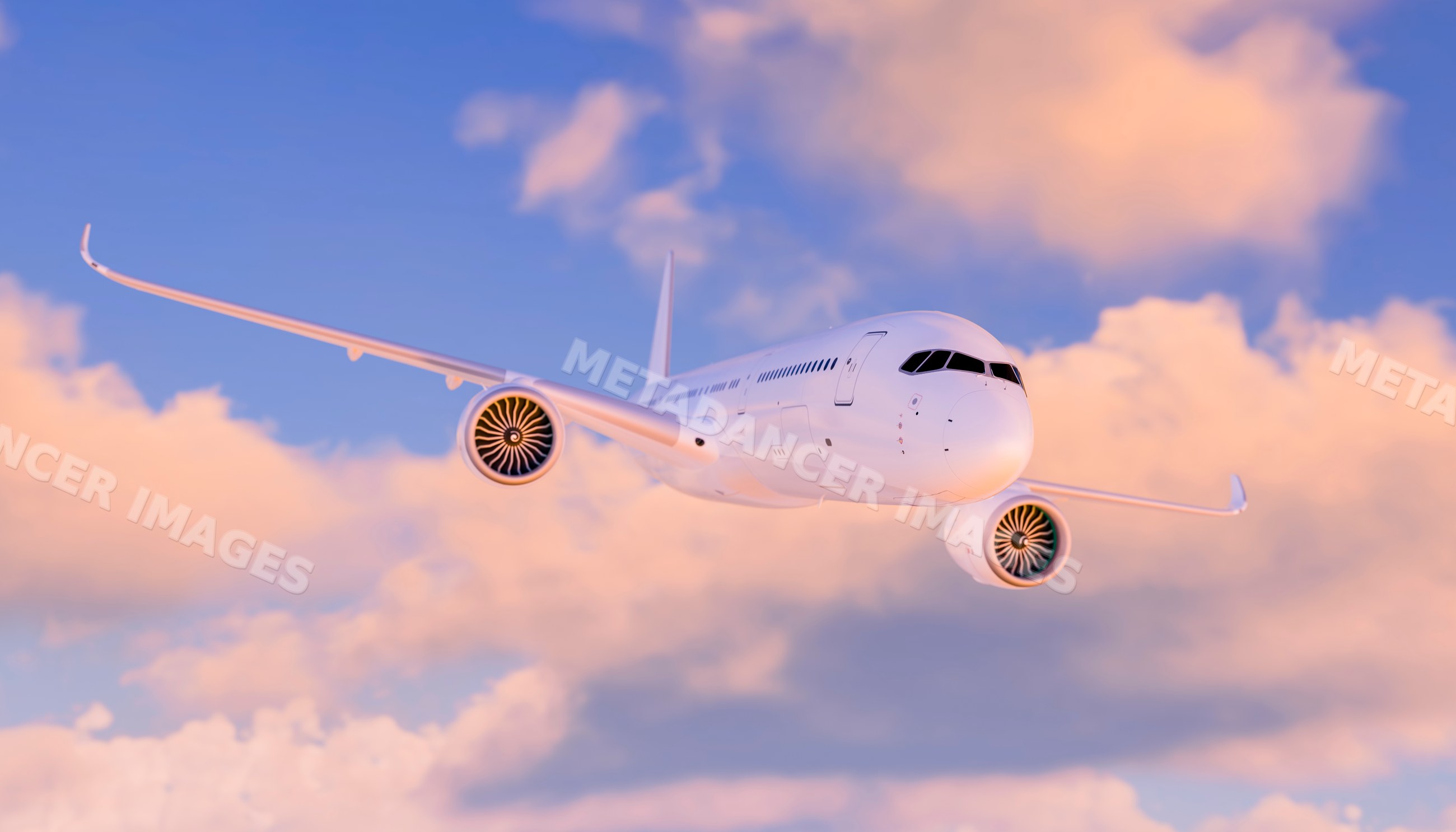 Modern commercial airplane flying in the sky during sunset