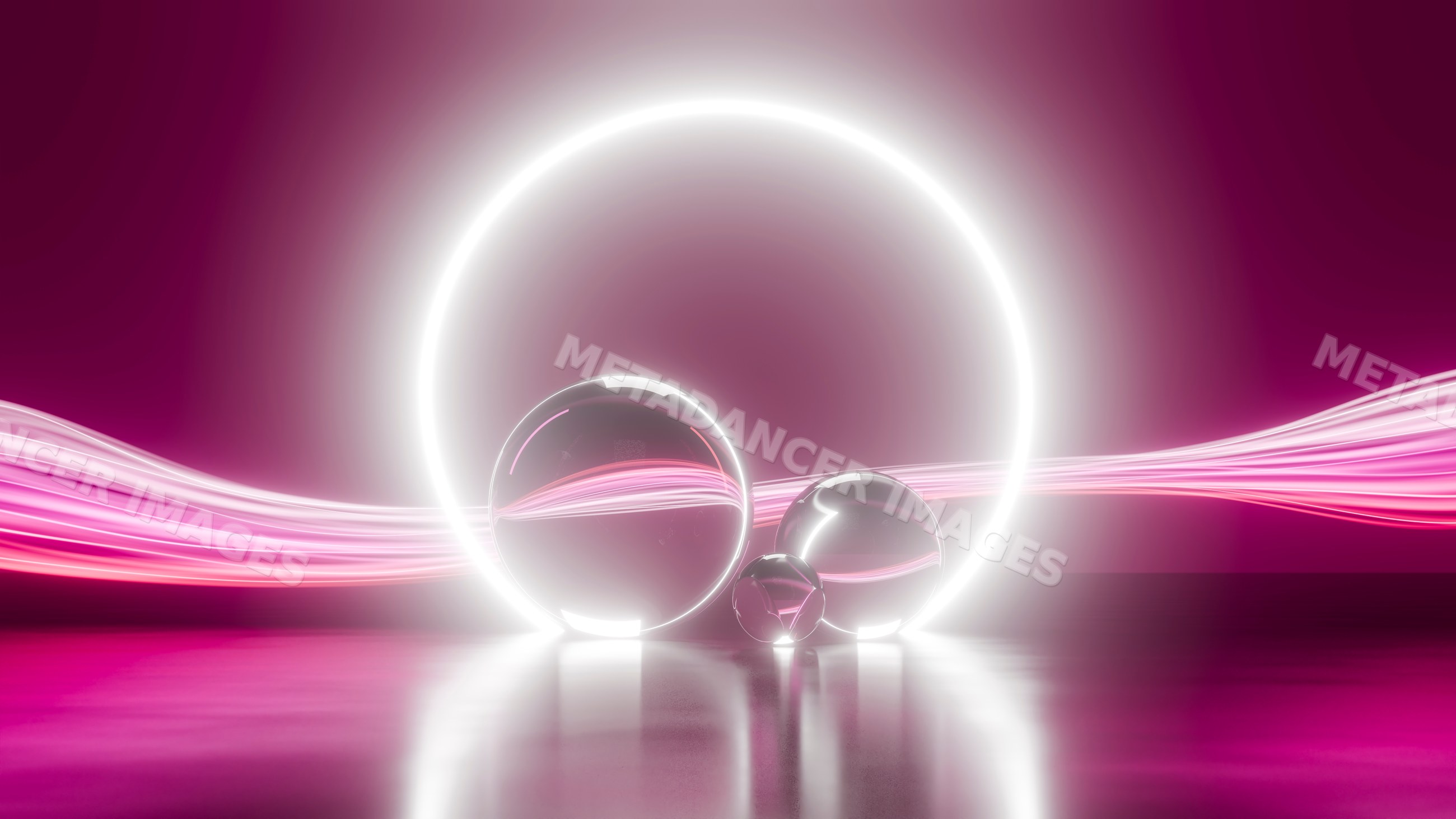 Transparent spheres with glowing neon circle and pink light waves