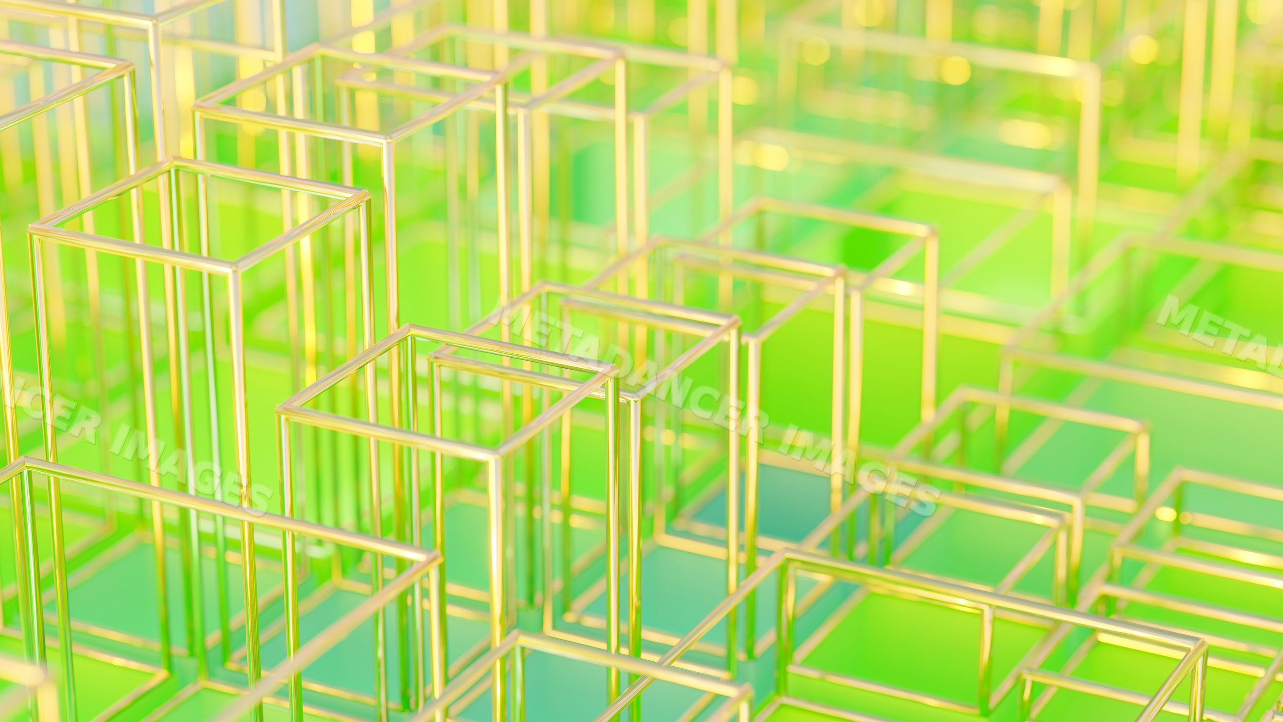 Transparent cubes with golden outlines in abstract geometric pattern