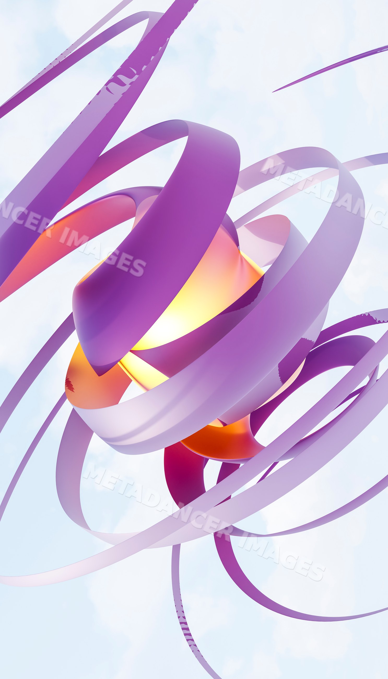 A floating abstract sculpture of glowing orb wrapped in purple ribbons