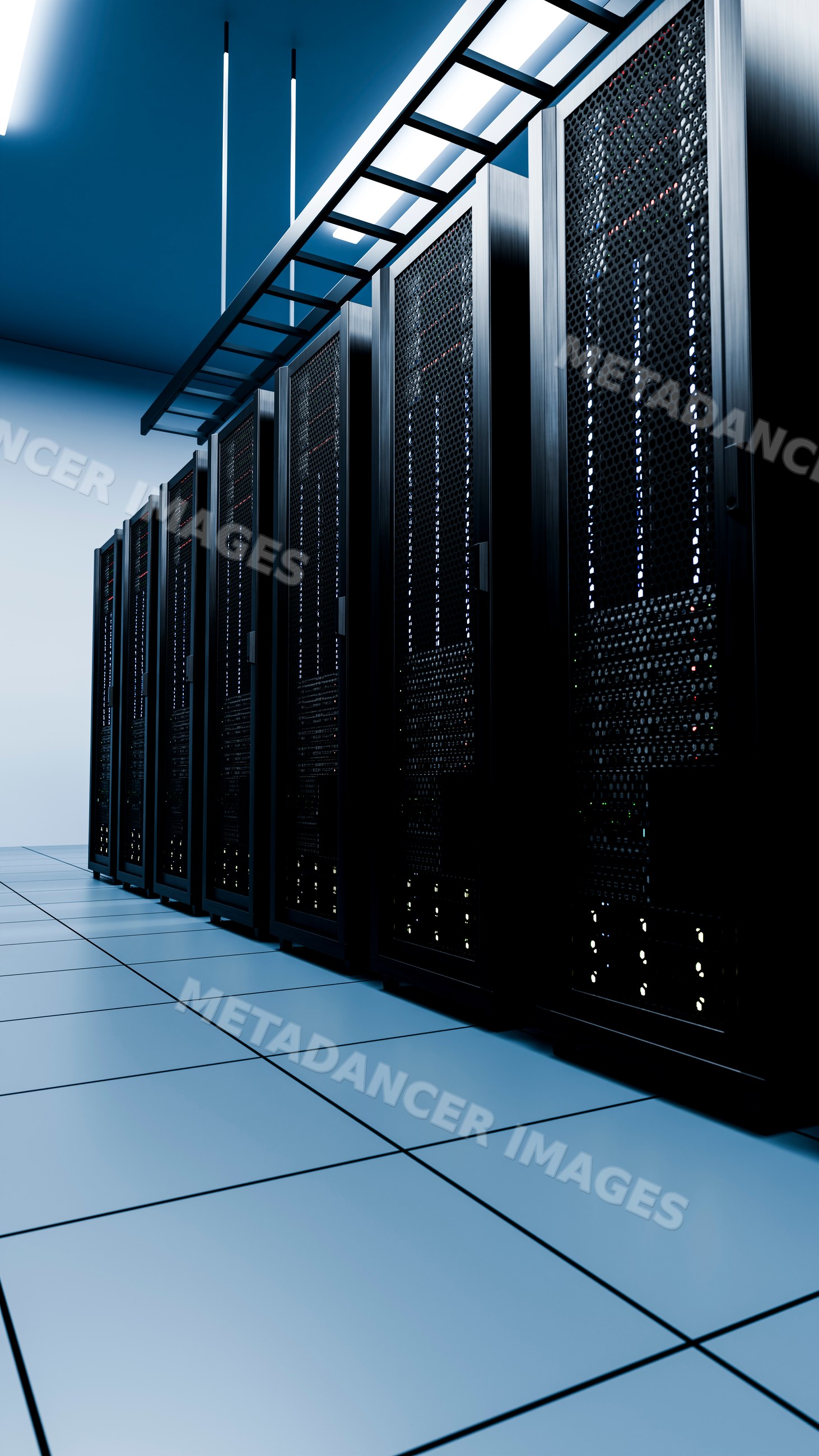 Server racks in a modern data center with advanced technology