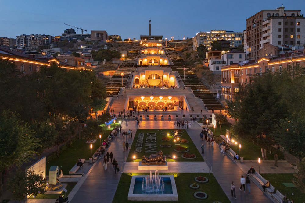 The cascade staircase lit at Dusk in yerevan Armenia
