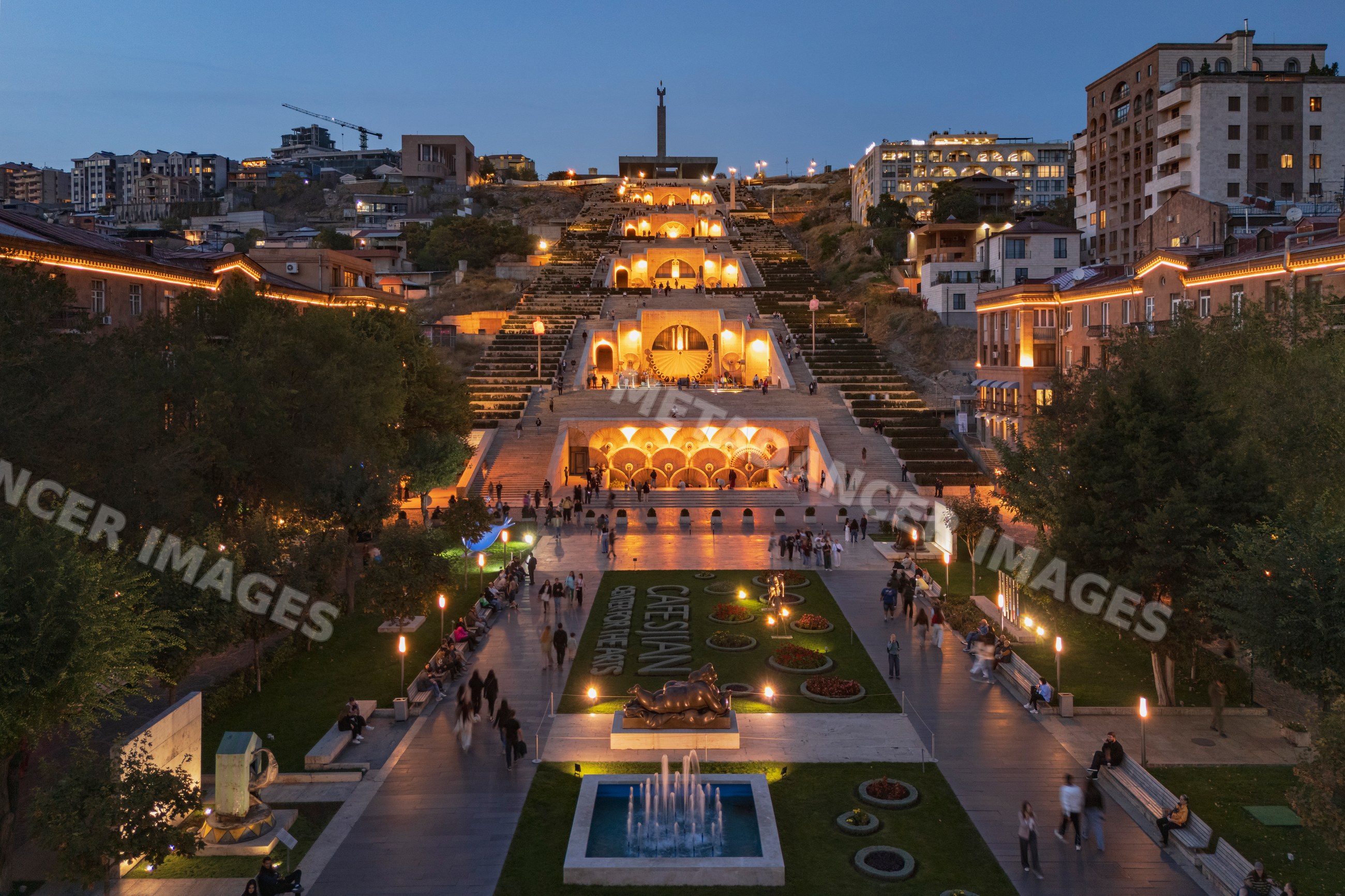 The cascade staircase lit at Dusk in yerevan Armenia