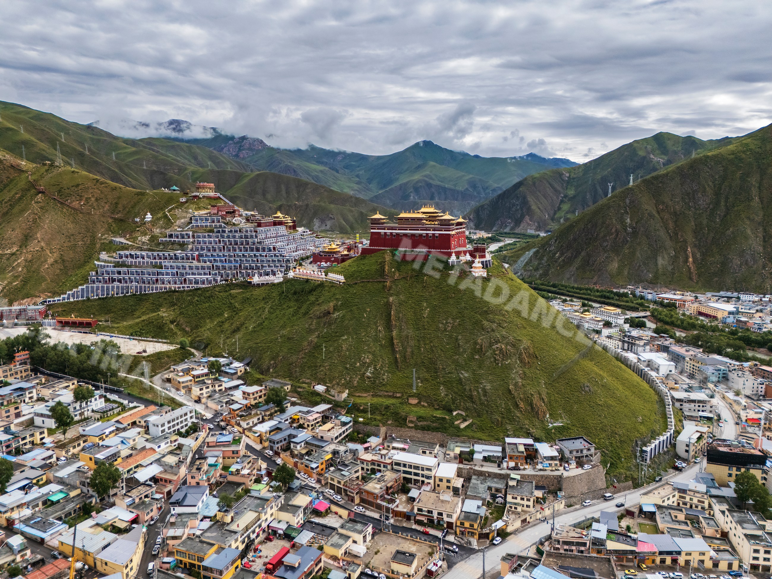 Aerial view of Jiegu Monastery on hill in yushu, qinghai province