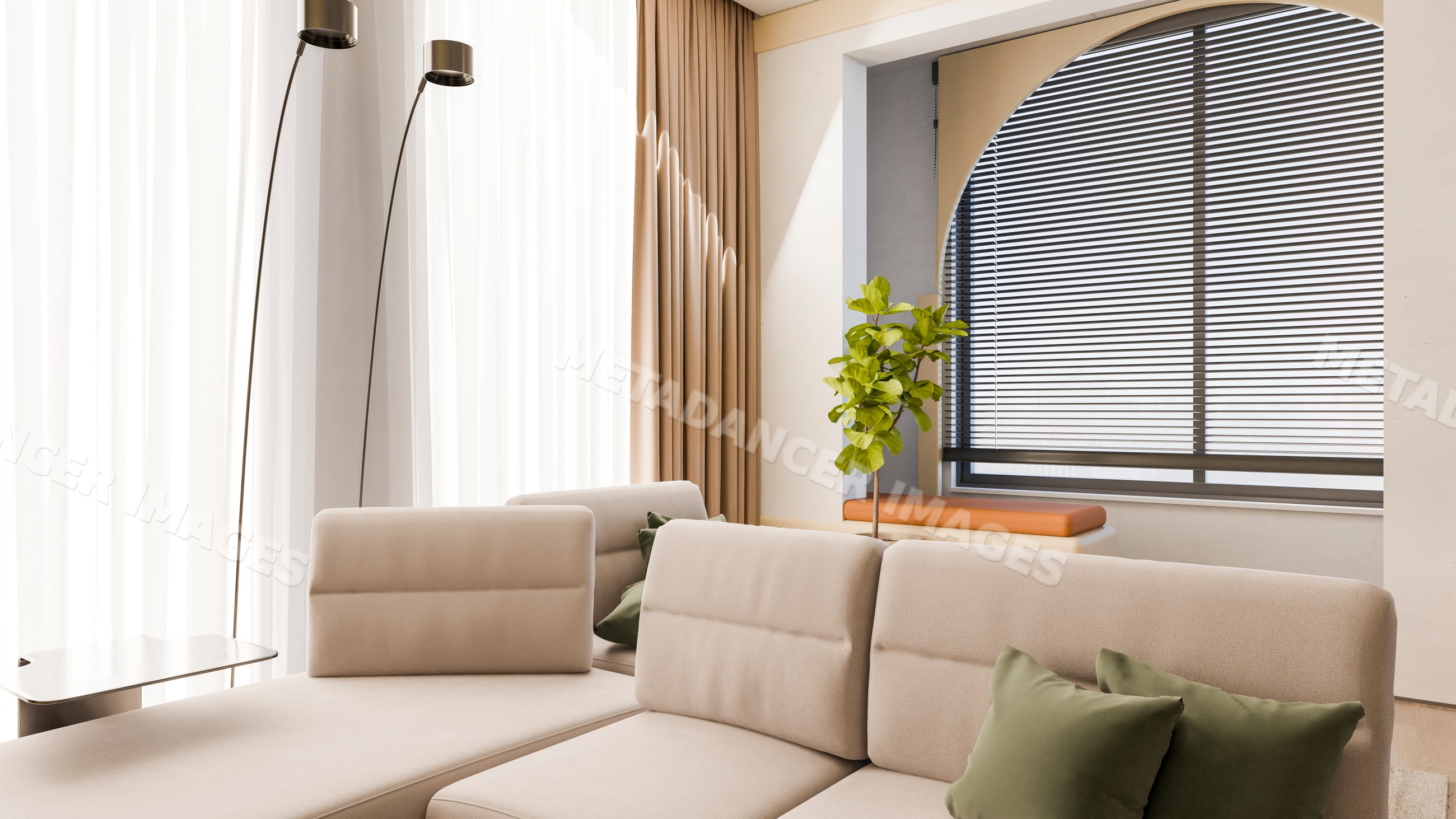 Modern beige sofa with green pillows in minimalist living room
