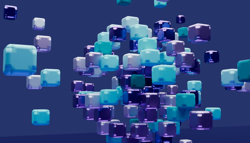 3d rendered abstract floating cubes in shades of blue and purple